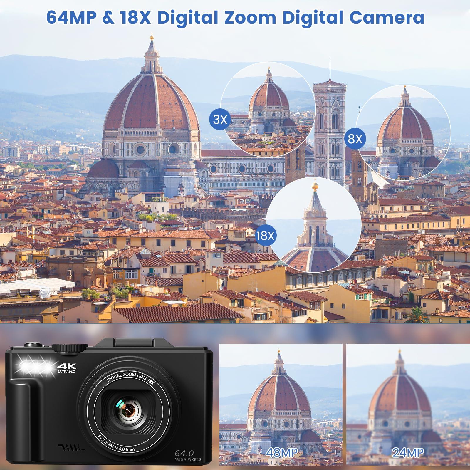 4K Digital Camera for Photography with 3" 180°Flip Screen,64MP Vlogging Camera for YouTube, HD WiFi Compact Camera with Flash, 18X Digital Zoom, 32GB TF Card & 2 Batteries（Black） - Image 3