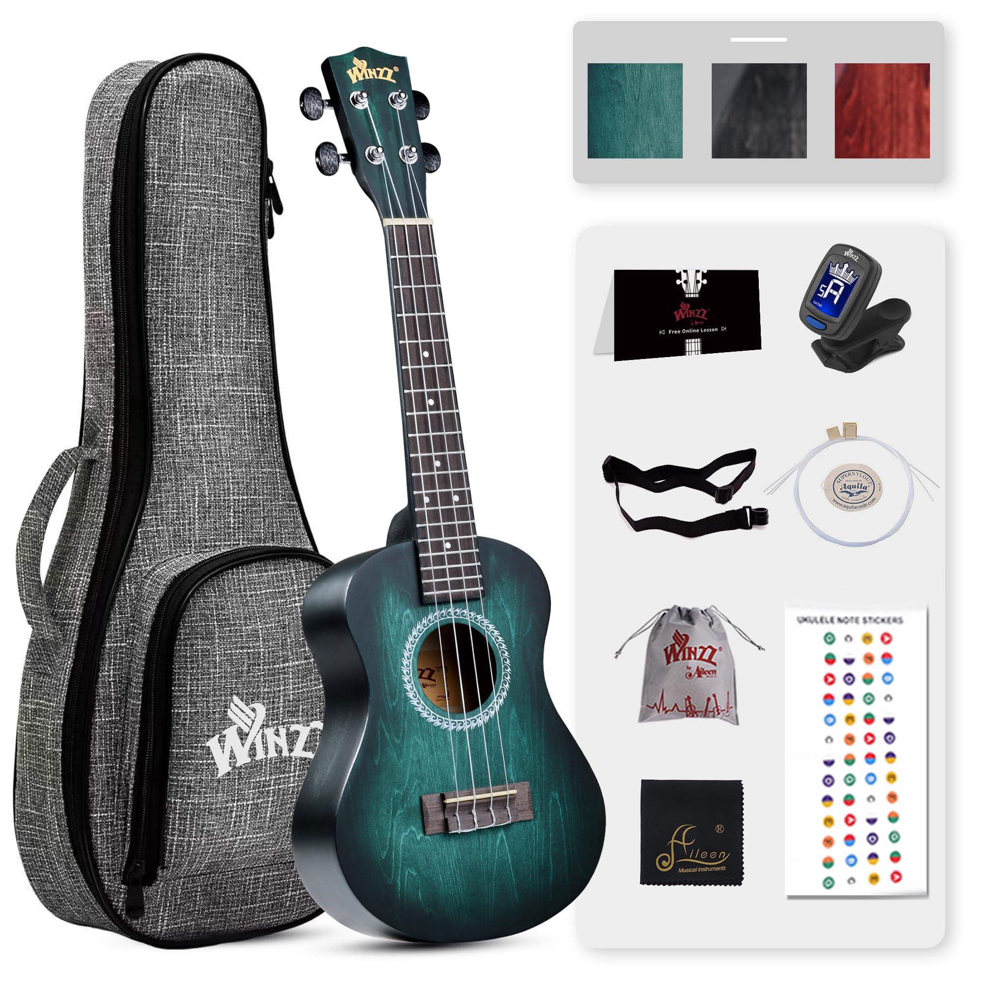 WINZZ HAND RUBBED Series - Concert Ukulele Vintage Hawaiian Uke with Online Lessons, Bag, Tuner, Strap, Extra Strings, Fingerboard Sticker, 23 Inches, Dark Hunter Green