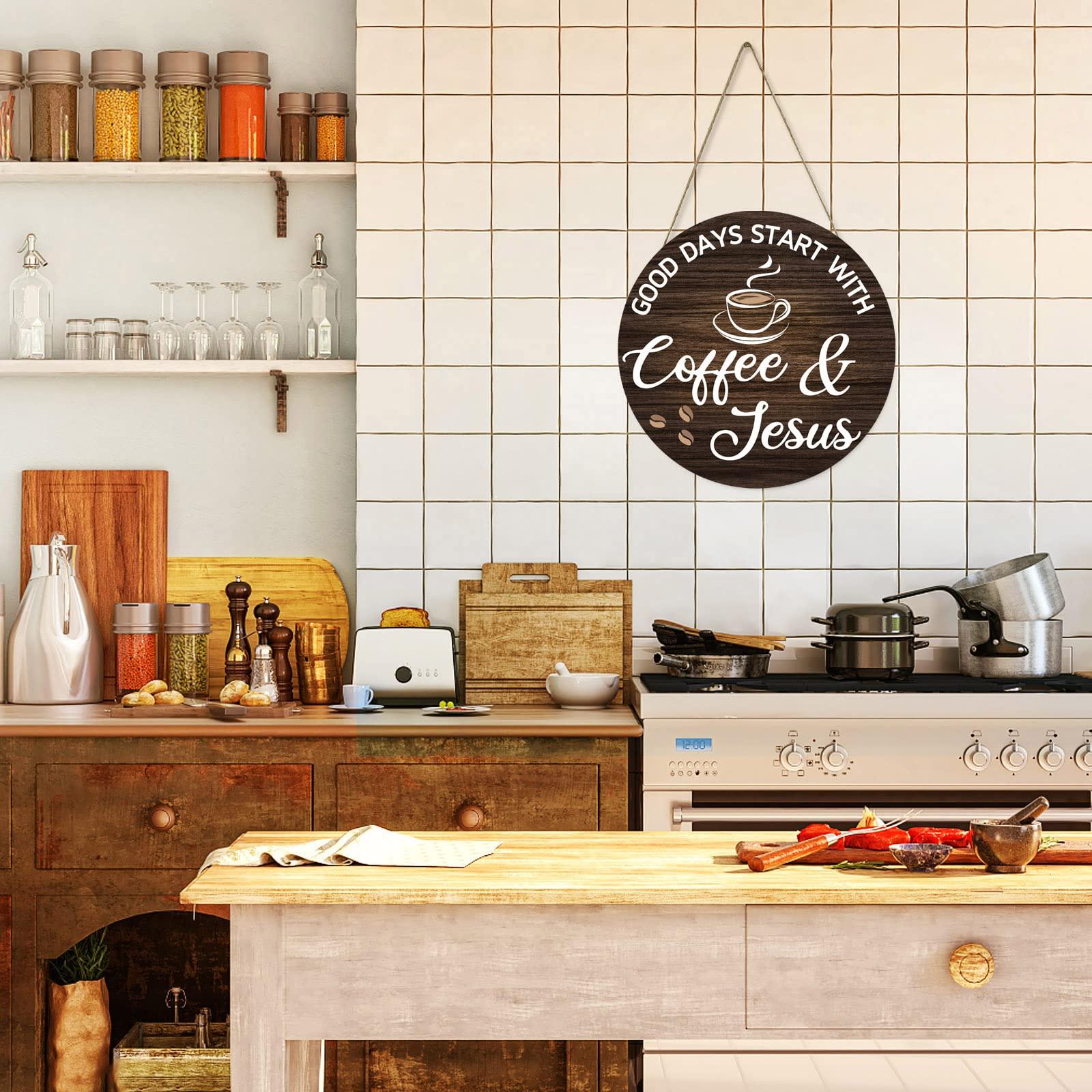 HMASYO Coffee Signs Decor for Coffee Bar, Good Days Start with Coffee & Jesus, Wood Farmhouse Wall Sign Coffee Bar Decor for Kitchen, Home, Office, Cafe, Coffee Station Housewarming Gift, 12'' x 12'' - Image 6