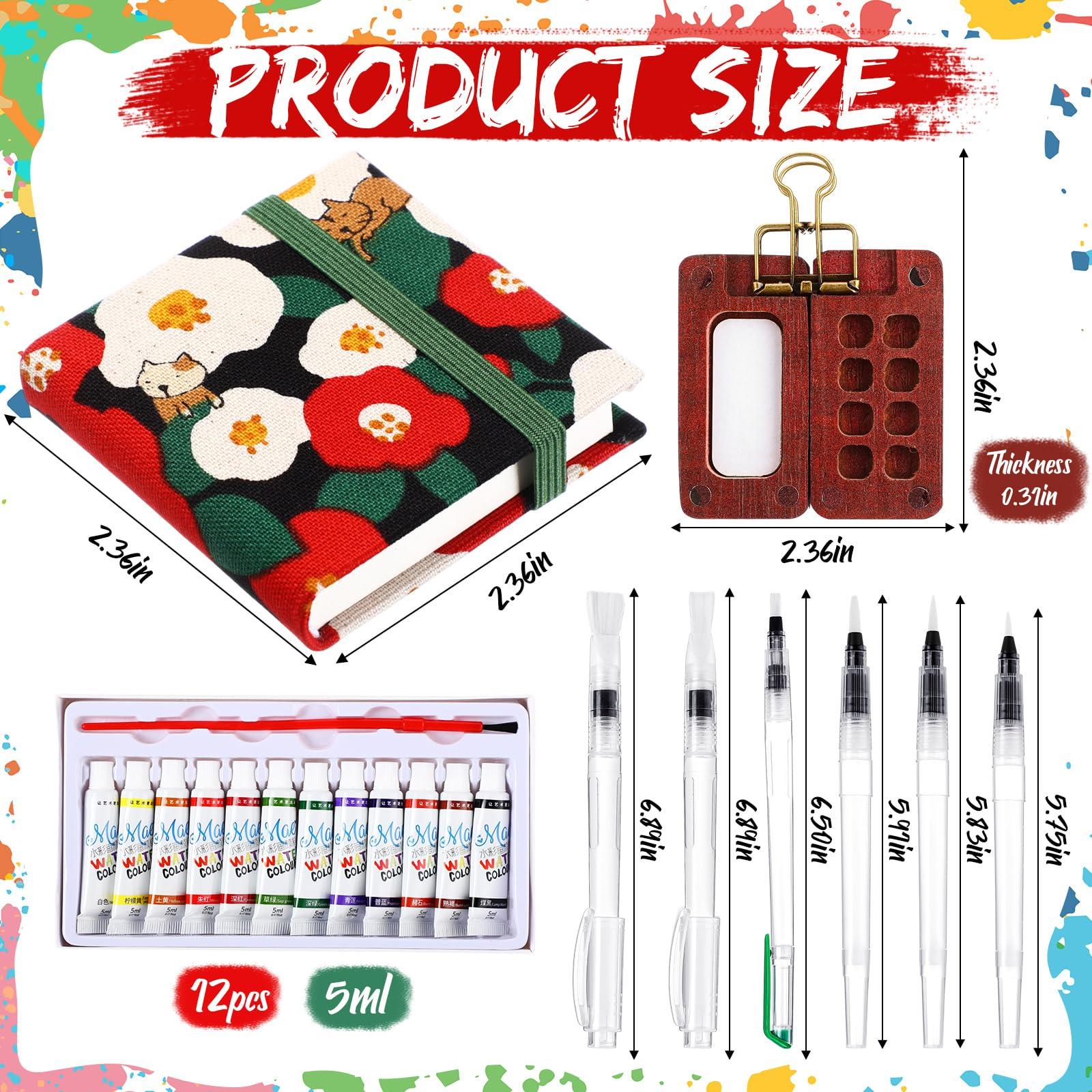 Chiisong Mini Watercolor Travel Set Pocket Artist Travel Set Portable Palette 8 Grids Wood Paint Box with Clip 2 Pcs Sketchbook 6 Pcs Watercolor Brush 12 Colors of Paint(Fresh Style) - Image 3