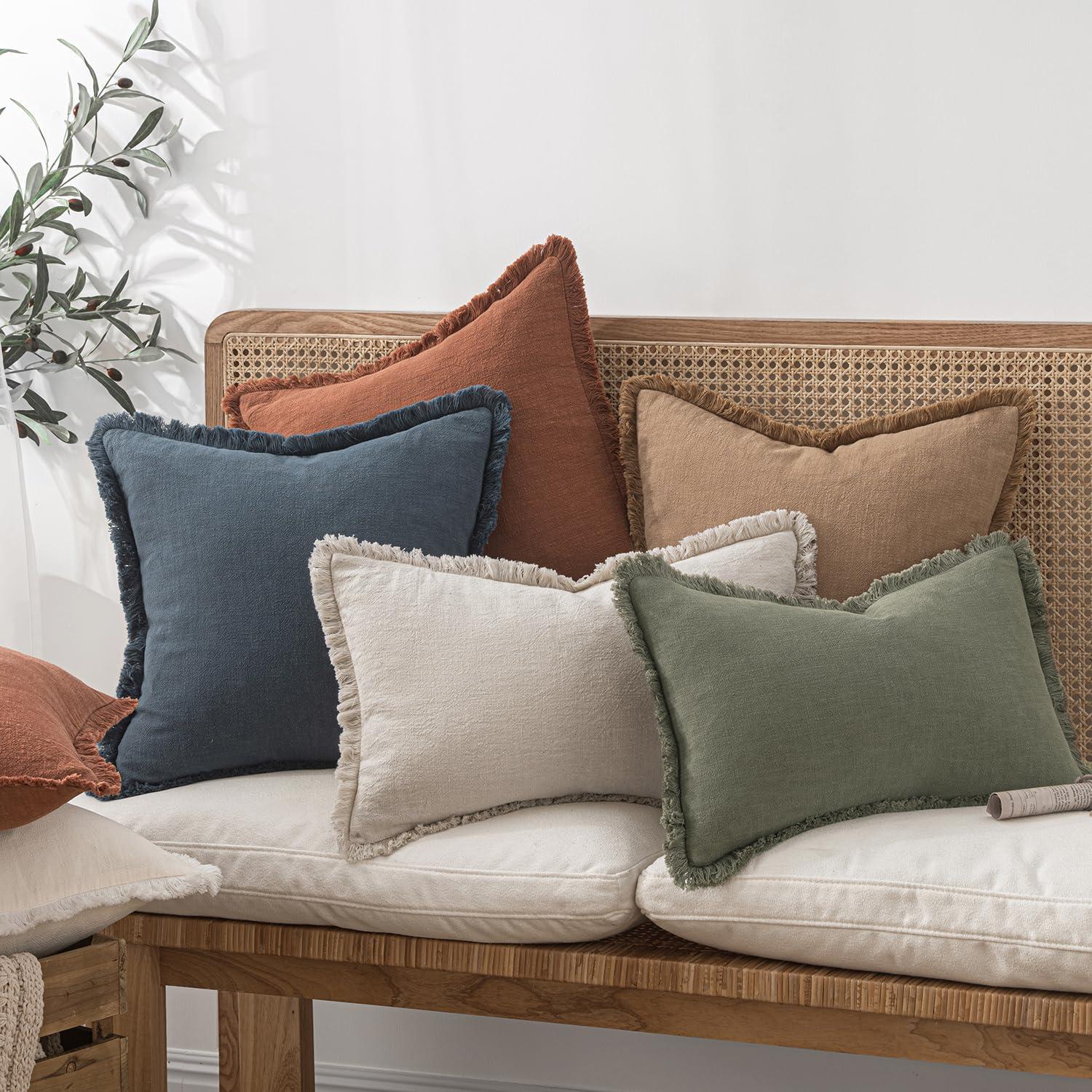 MIULEE Decorative Throw Pillow Covers Neutral Linen Fringe Throw Pillows Set of 2 Natural Beige Boho Farmhouse Cushion Covers with Tassels for Couch Sofa Bed Living Room Spring Home Decor 20x20 Inch - Image 7