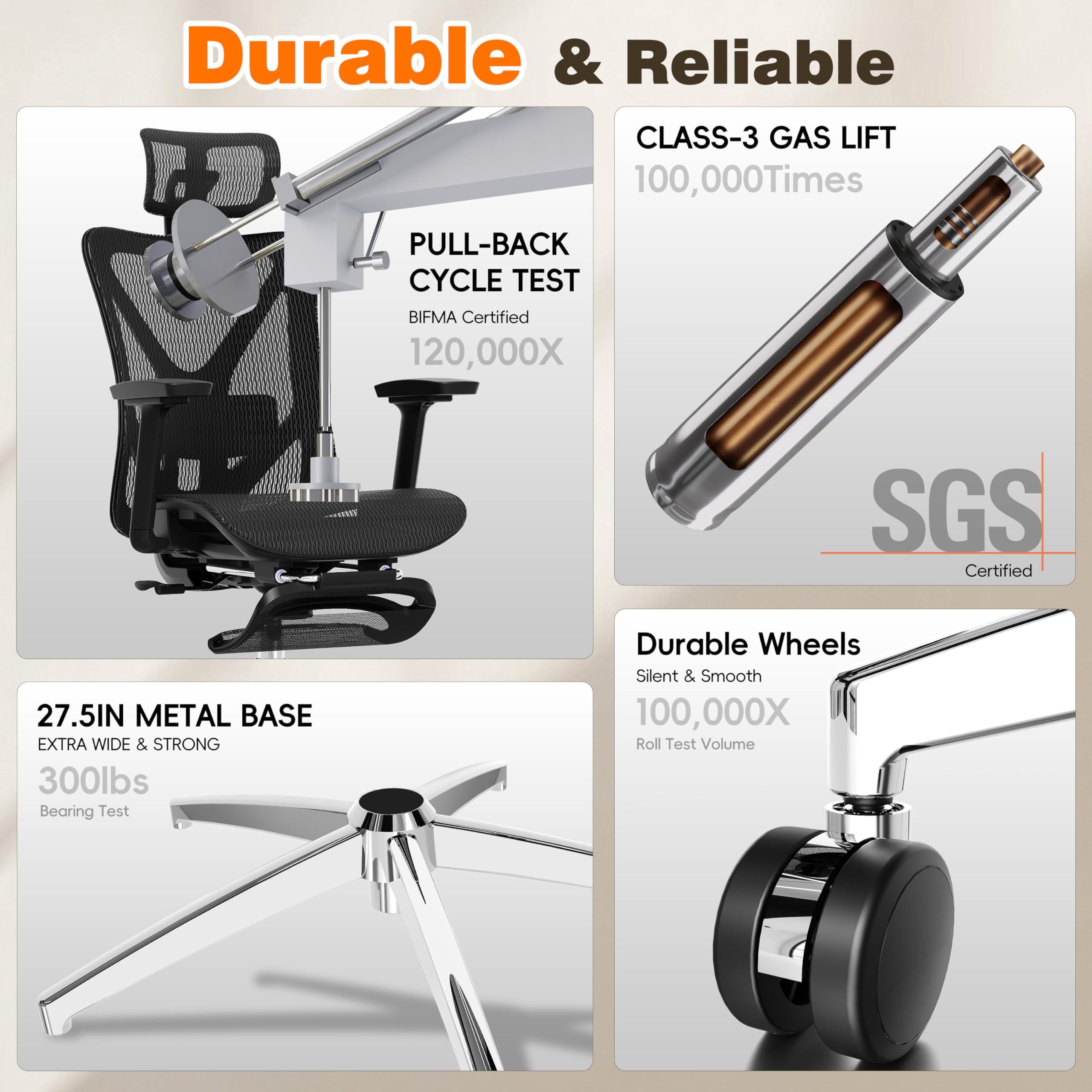 GABRYLLY Ergonomic Office Chair with Adjustable Lumbar Support, 3D Armrests & Headrest, 135° Reclining Chair with Footrest & Large Steel Base,300LBS Swivel Desk Chair(GYMN01) - Image 9