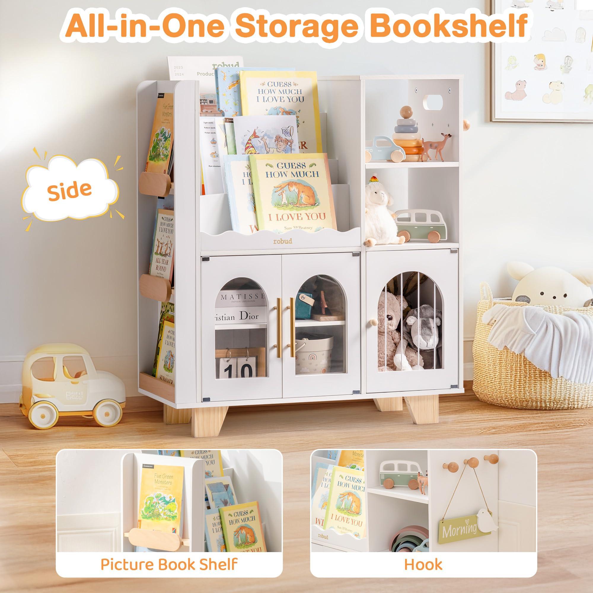 ROBUD Toy Storage Organizer, All-in-One Toy Organizers and Storage, Kids Wooden Bookshelf with 6 Storage compartments, Toy Chest Shelf Organizer for Playroom Bedroom, White - Image 7