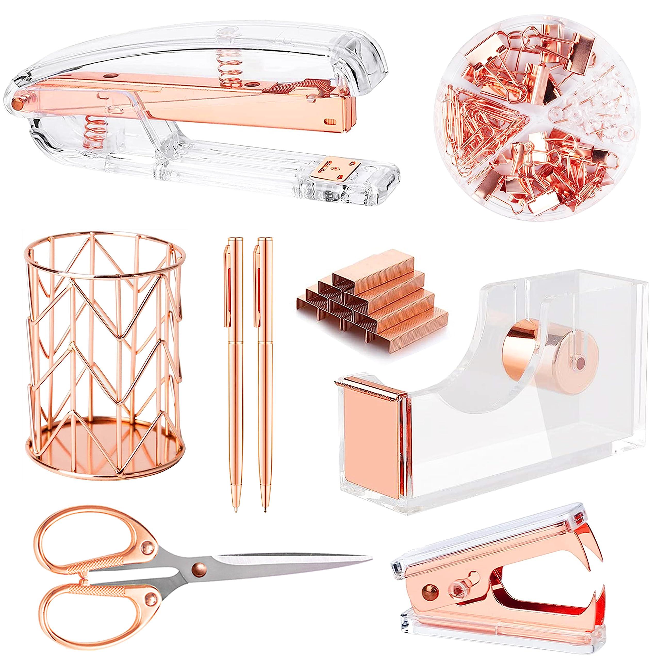 Famassi Rose Gold Desk Accessories，Office Supplies Set Acrylic Stapler Set Staple Remover, Tape Holder, 2 Ballpoint Pen, Scissor, Binder/Paper Clips and 1000pcs Staples.
