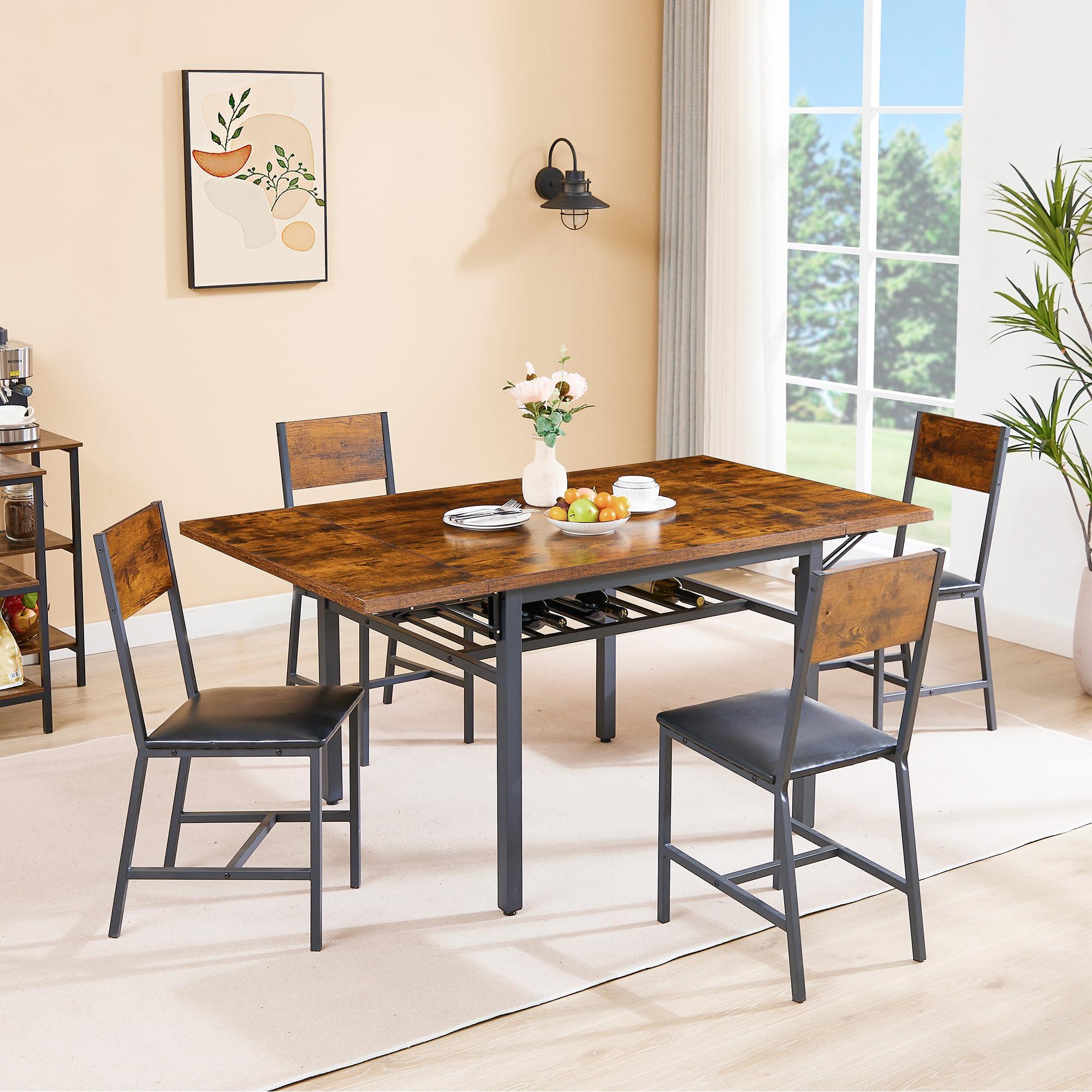 Tmsan 63.2" Folding Dining Table for 4-6 People, Drop Leaf Table with Storage Rack Extendable Kitchen Dinner Table for Small Spaces, Chairs Not Included (Brown) - Image 2
