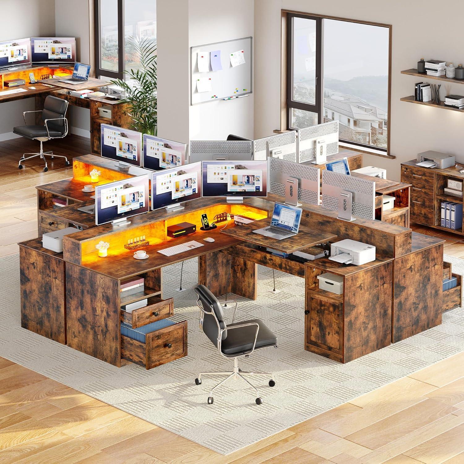 YITAHOME L Shaped Desk with Power Outlets & LED Lights, 60” Corner Computer Desk with Drawers & Lift Top, Home Office Desk with Monitor Stand & File Cabinet, Wood Height Adjustable Desk, Rustic Brown - Image 3