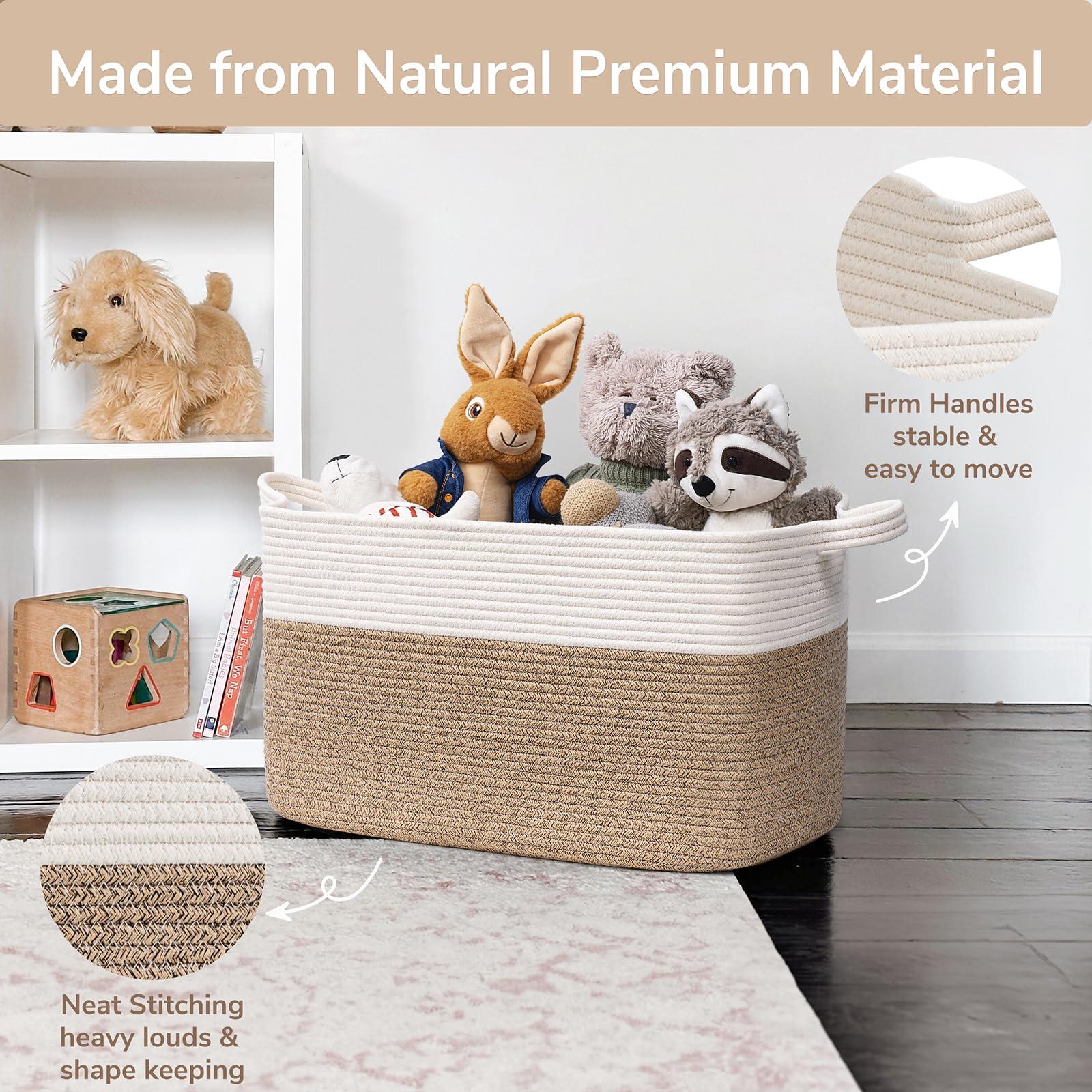 Goodpick Large Woven Blanket Basket, 21.6" x 14.9" x 11.8" Storage Baskets for Organizing, Rectangle Cotton Rope Toy Basket for Living Room, Bedroom, White & Brown - Image 6