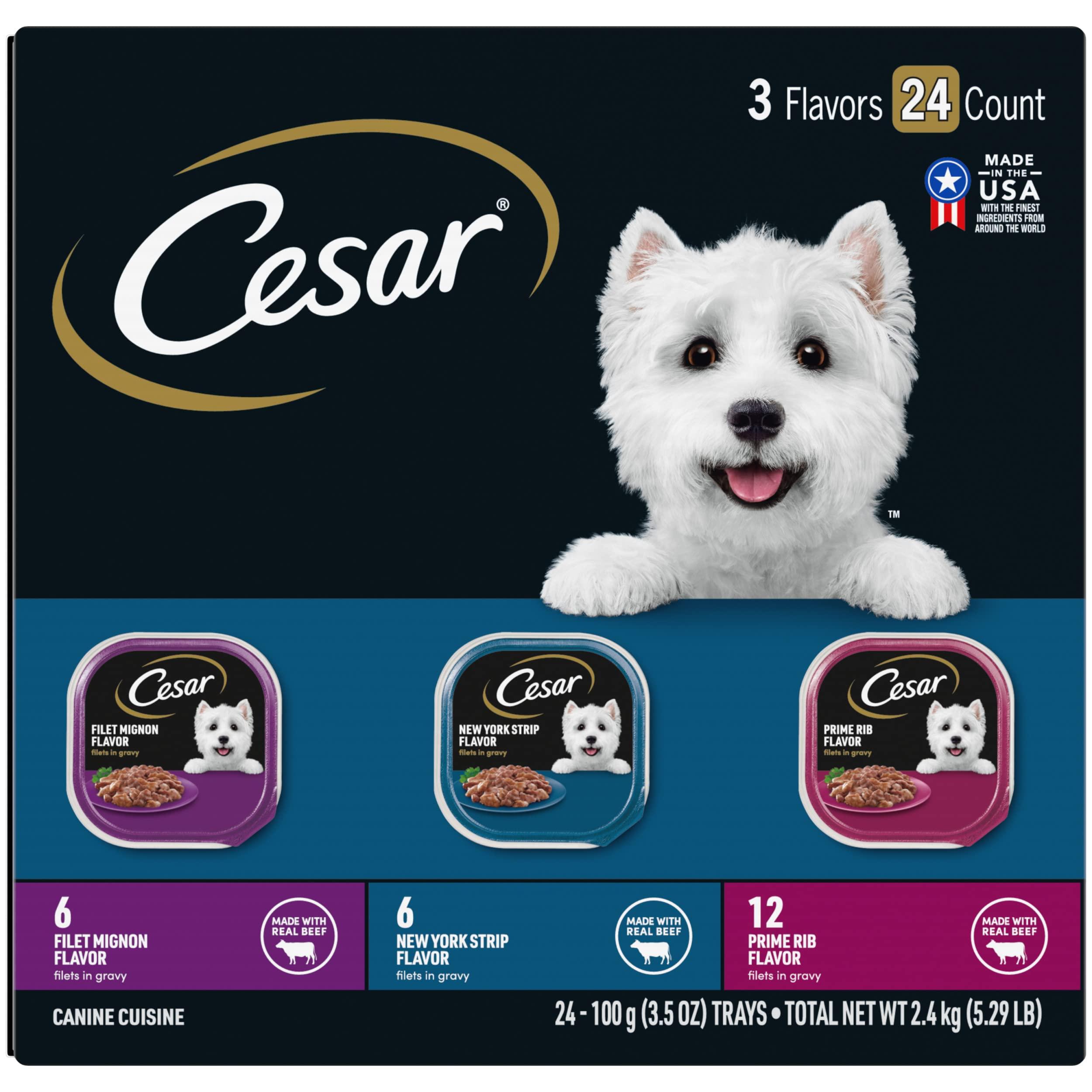 Cesar Filets in Gravy Adult Wet Dog Food, Filet Mignon, New York Strip and Prime Rib Flavors Multipack, 3.5 oz. (24 Count, Pack of 1)