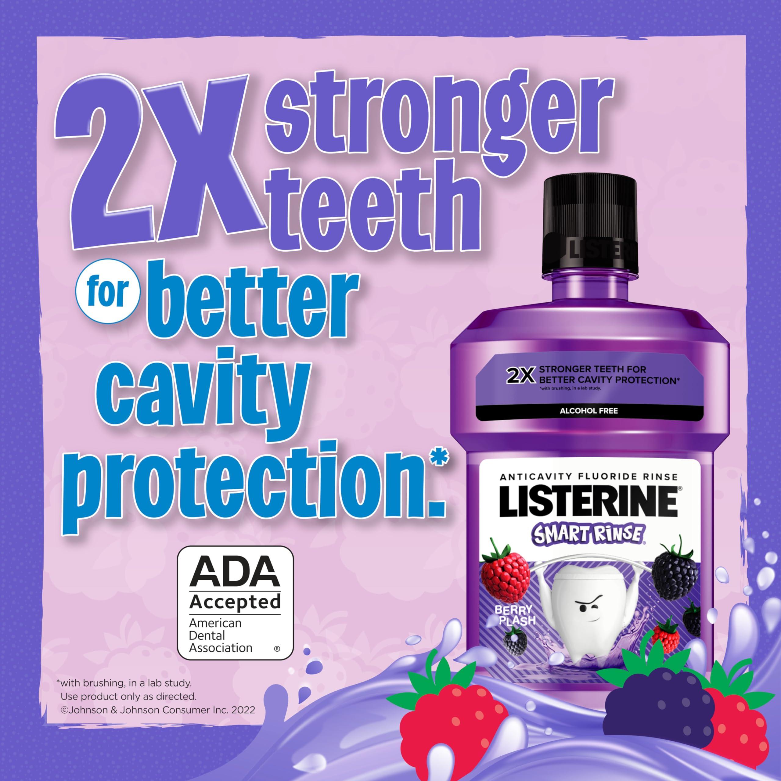 Listerine Smart Rinse Kids Alcohol-Free Anticavity Fluoride Mouthwash for Cavity Protection, Berry Splash Flavor, 500 mL (Pack of 2), Purple - Image 2