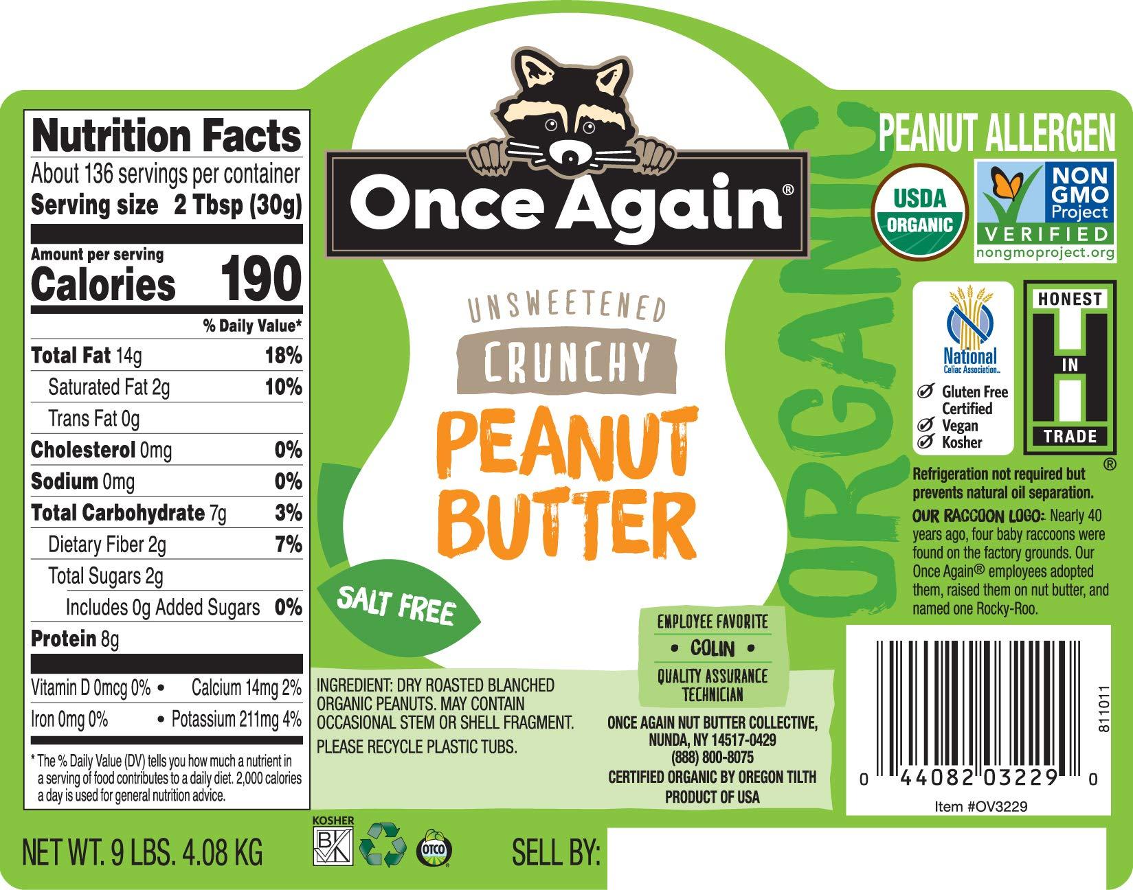 Once Again Organic Crunchy Peanut Butter, 9lbs (same as 9 jars) - Salt Free, Unsweetened - USDA Organic, Gluten Free Certified, Vegan, Kosher - Image 2