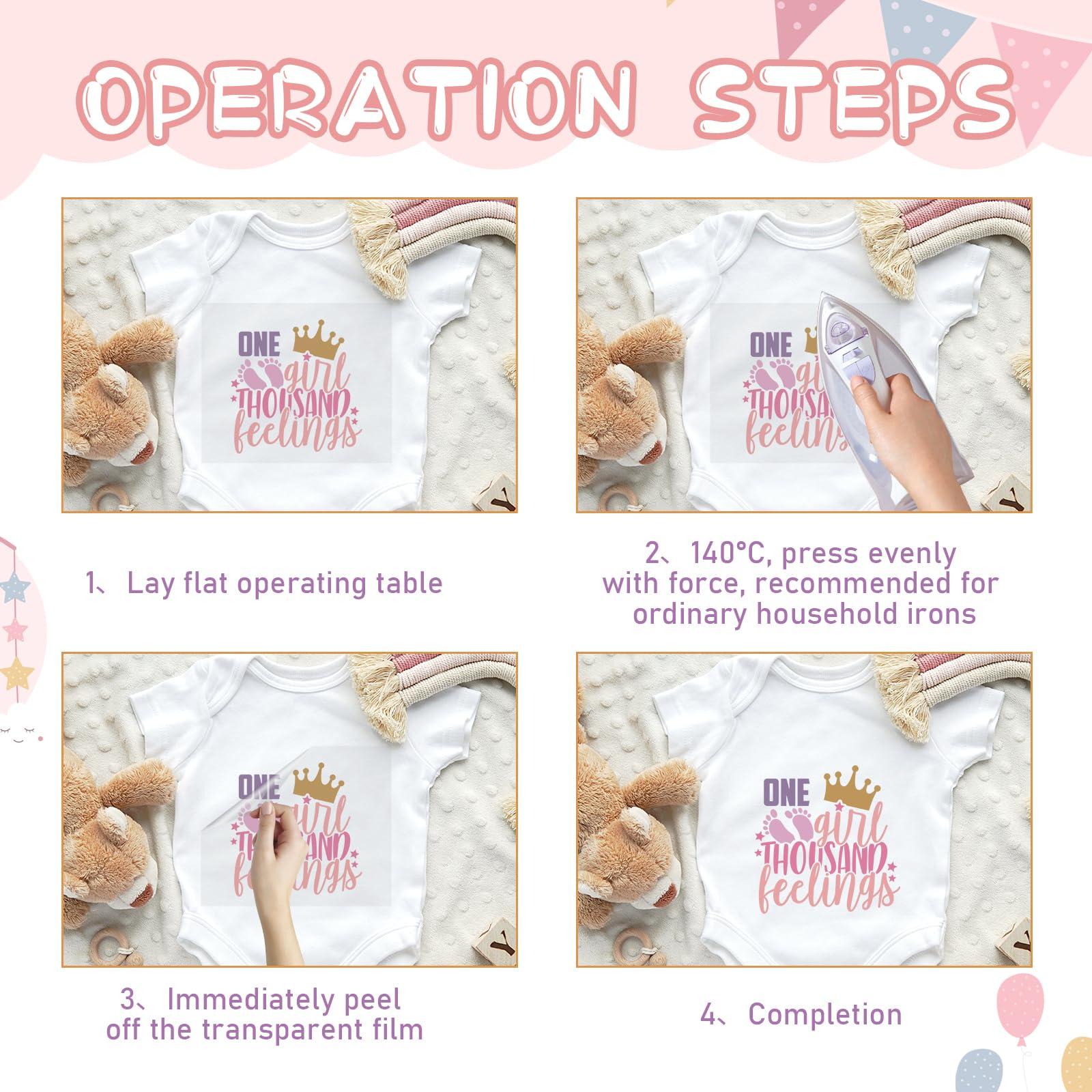 Dazoratix Baby Iron on Transfers - 30 Pcs Pink Ready to Press Heat Transfer Vinyl Stickers Onesie Decorating Kit Bodysuit Patches for Girl Shower Gender Reveal Party T-Shirts Hat DIY Crafts - Image 6