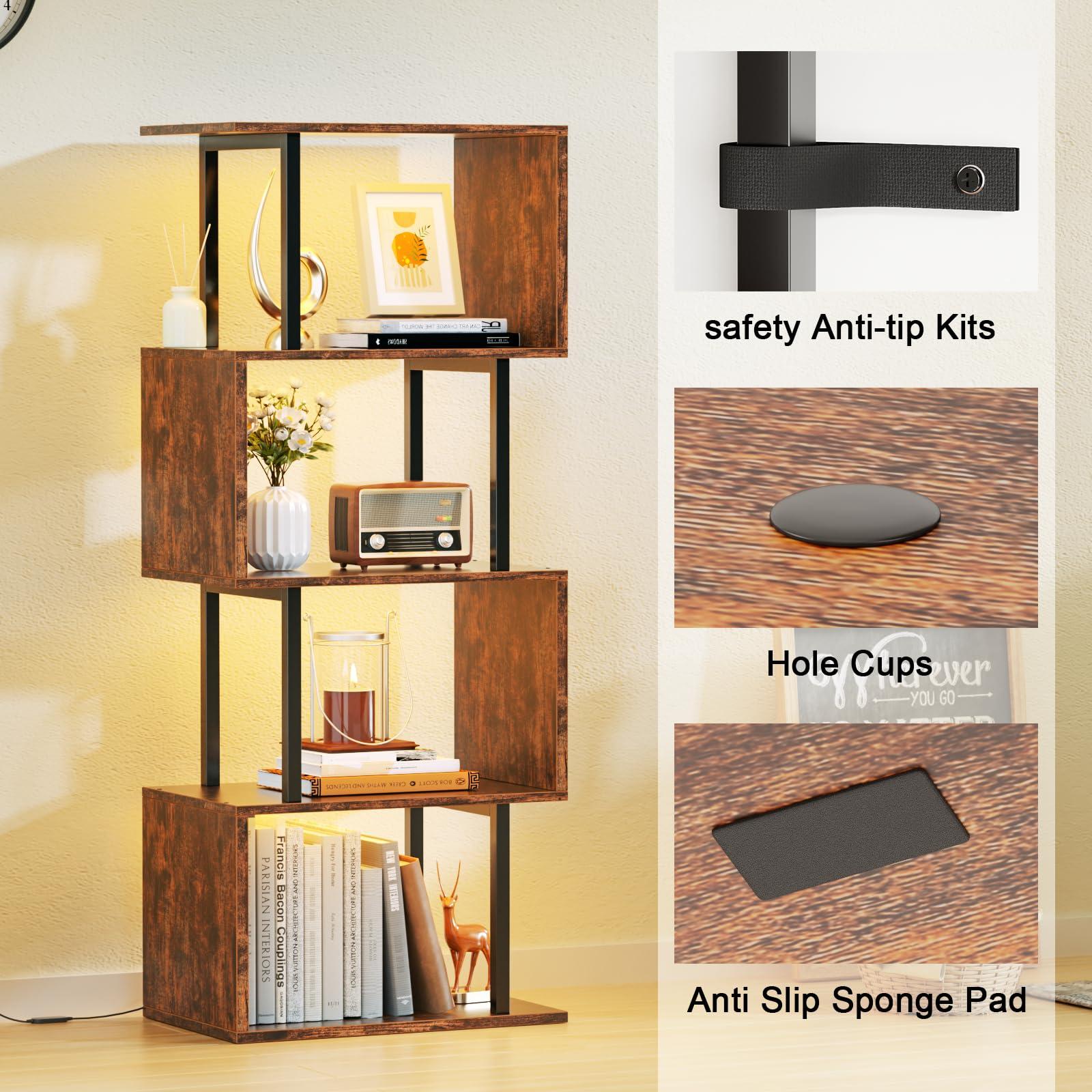 Furologee 5 Tier Geometric Bookshelf with LED Light, Small S-Shaped Bookcase, Industrial Display Standing Shelf, Metal Wooden Decorative Storage Shelves for Bedroom, Living Room, Office, Rustic Brown - Image 8