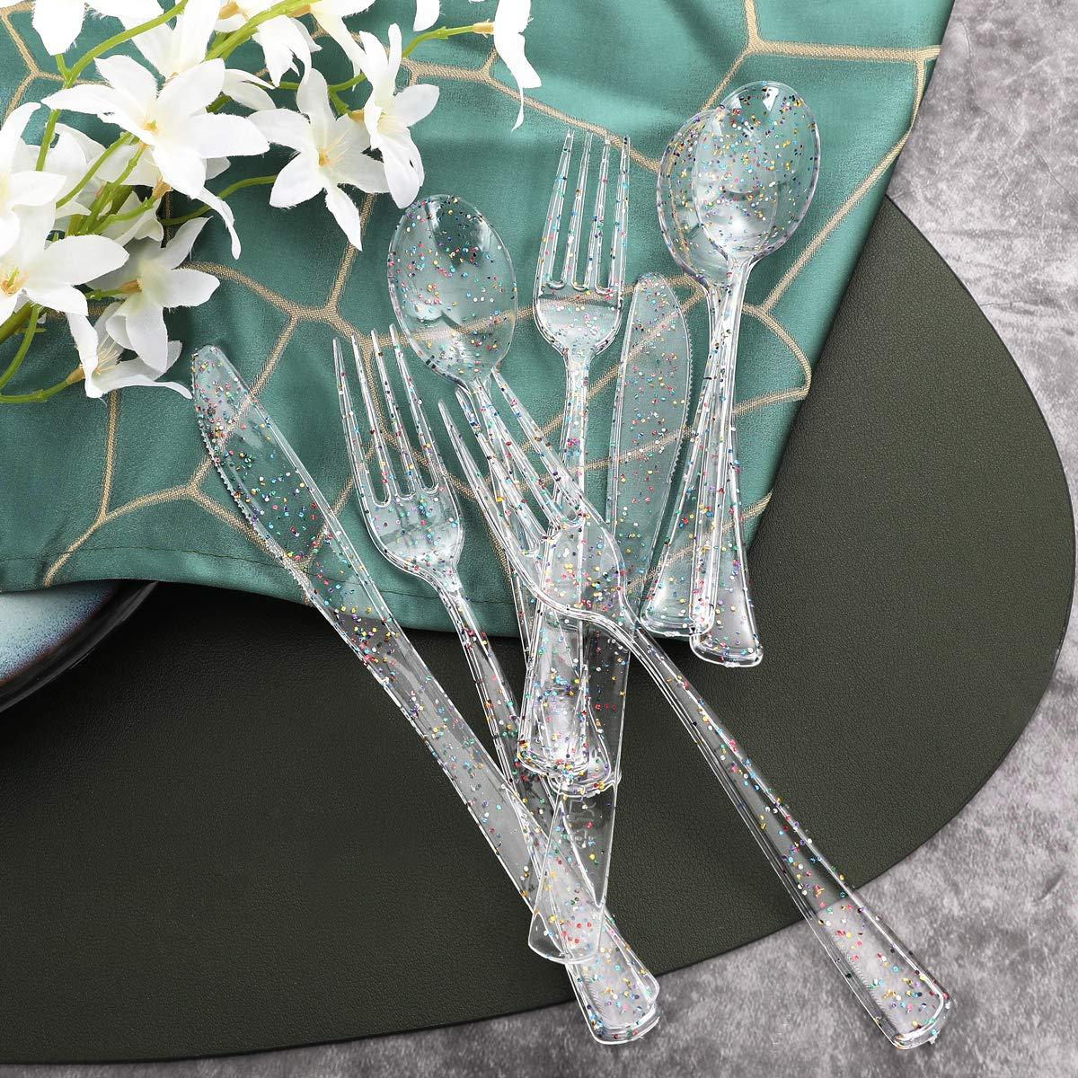 Supernal 360pcs Clear Plastic Silverware, Glitter Disposable Cutlery with Colorful Design,120 Forks,120 Knives,120 Spoons,Perfect for Parties Birthday - Image 4