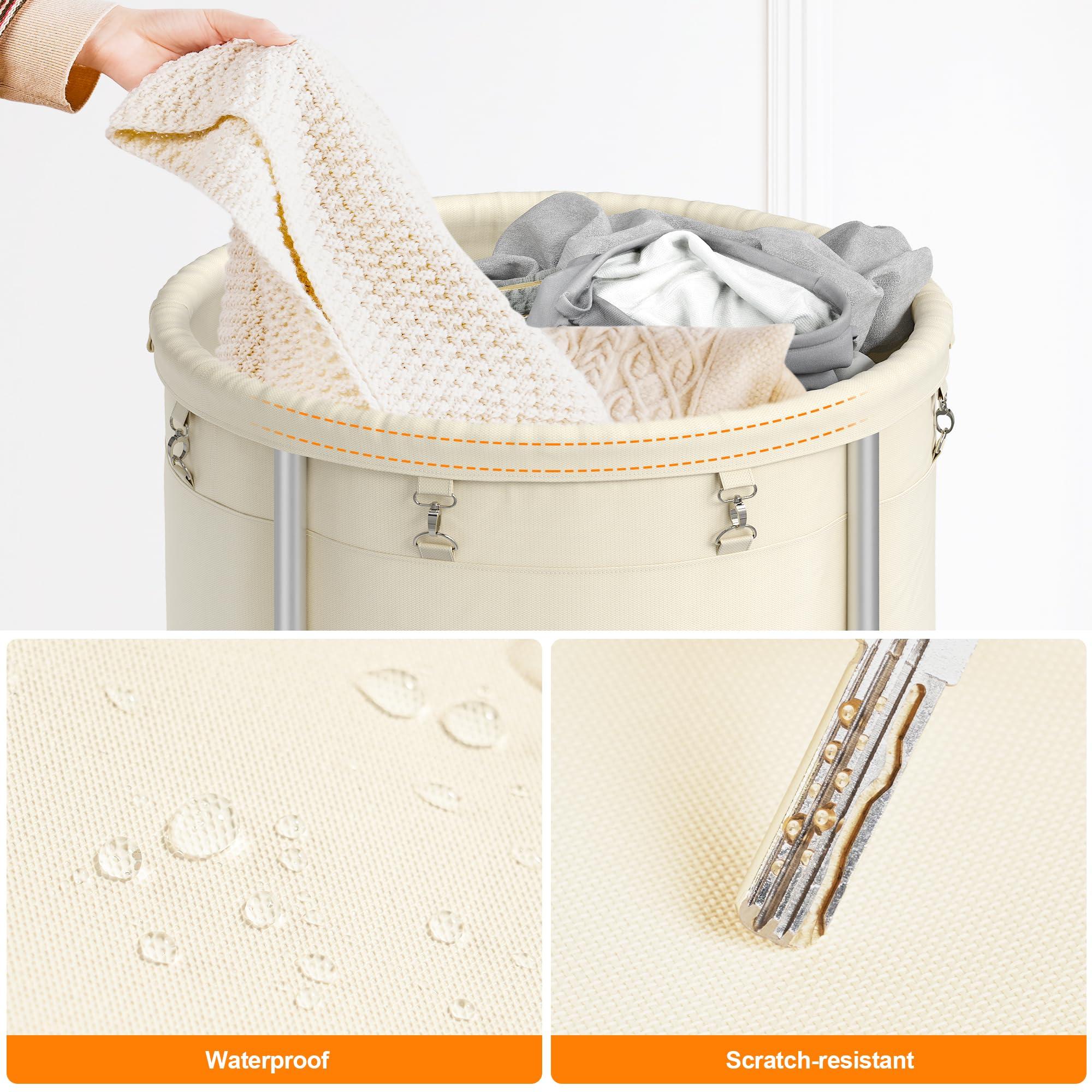 ELYKEN Laundry Basket with Wheels, 170L Rolling Laundry Hamper with Removable Bag and Steel Frame, Round Laundry Cart with 4 Casters and 2 Brakes, Ideal for Bedroom, Bathroom, Laundry Room, Cream - Image 8