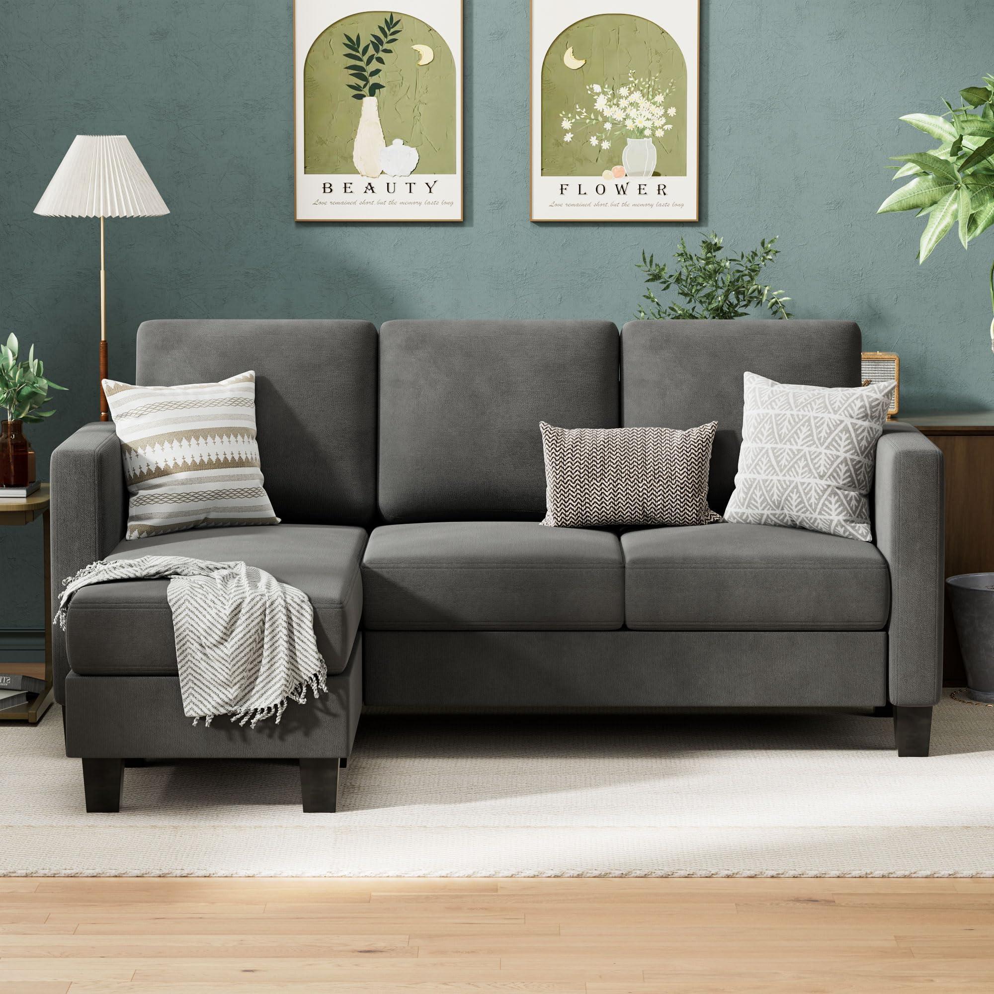 VICTONE Convertible Sectional Sofa Couch, 3 Seat L-Shaped Sofa with Linen Fabric Ottoman Small Couch for Small Apartments, Living Room and Office (Linen Fabric, Dark Gray) - Image 4