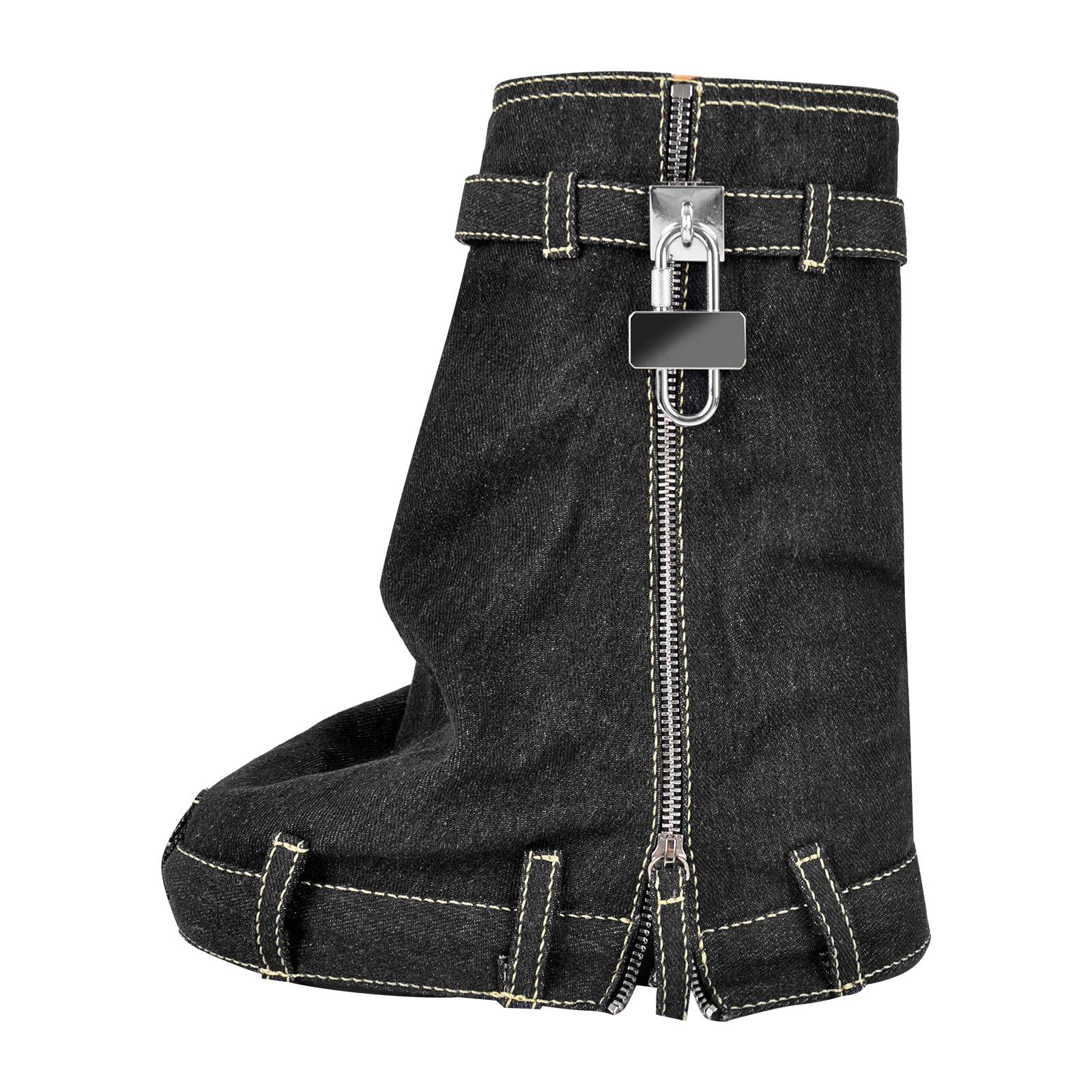 onlymaker Padlock and Zippers Fold Over Platform Calf High Boots side Zippers Denim Boots Black Size 10