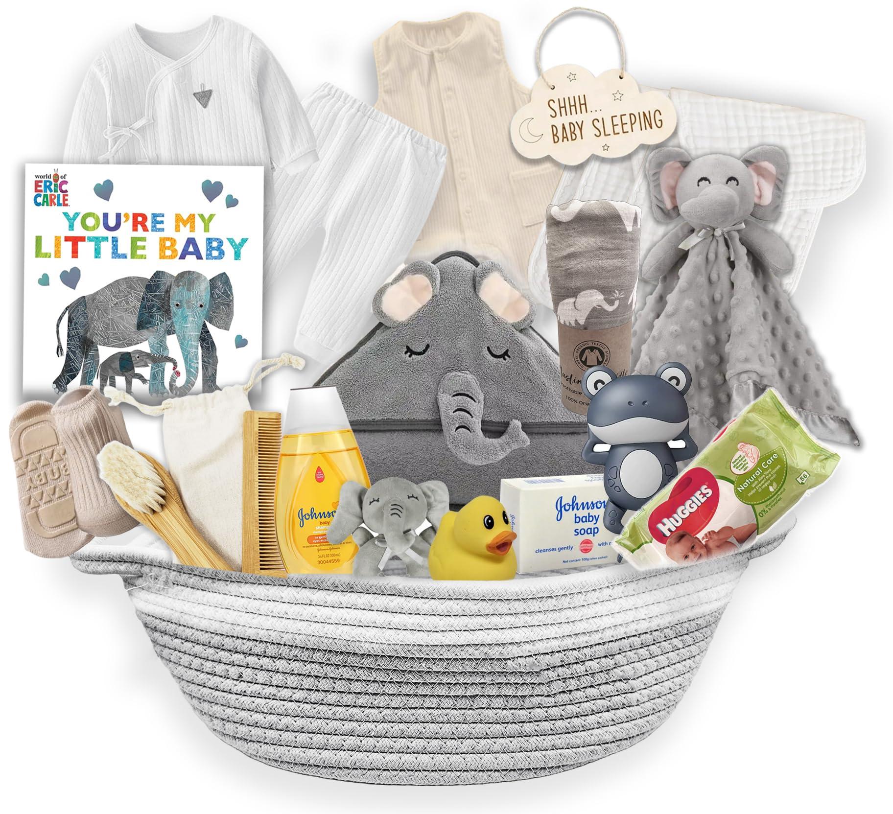 New Baby Boy/Girl Gift Basket (20 Items) for a New mom Elephant Baby Gift Set. Welcome Baby Care Package All w/Newborn Essentials Bundle for Expecting Moms Baby Shower, After Labor Unisex