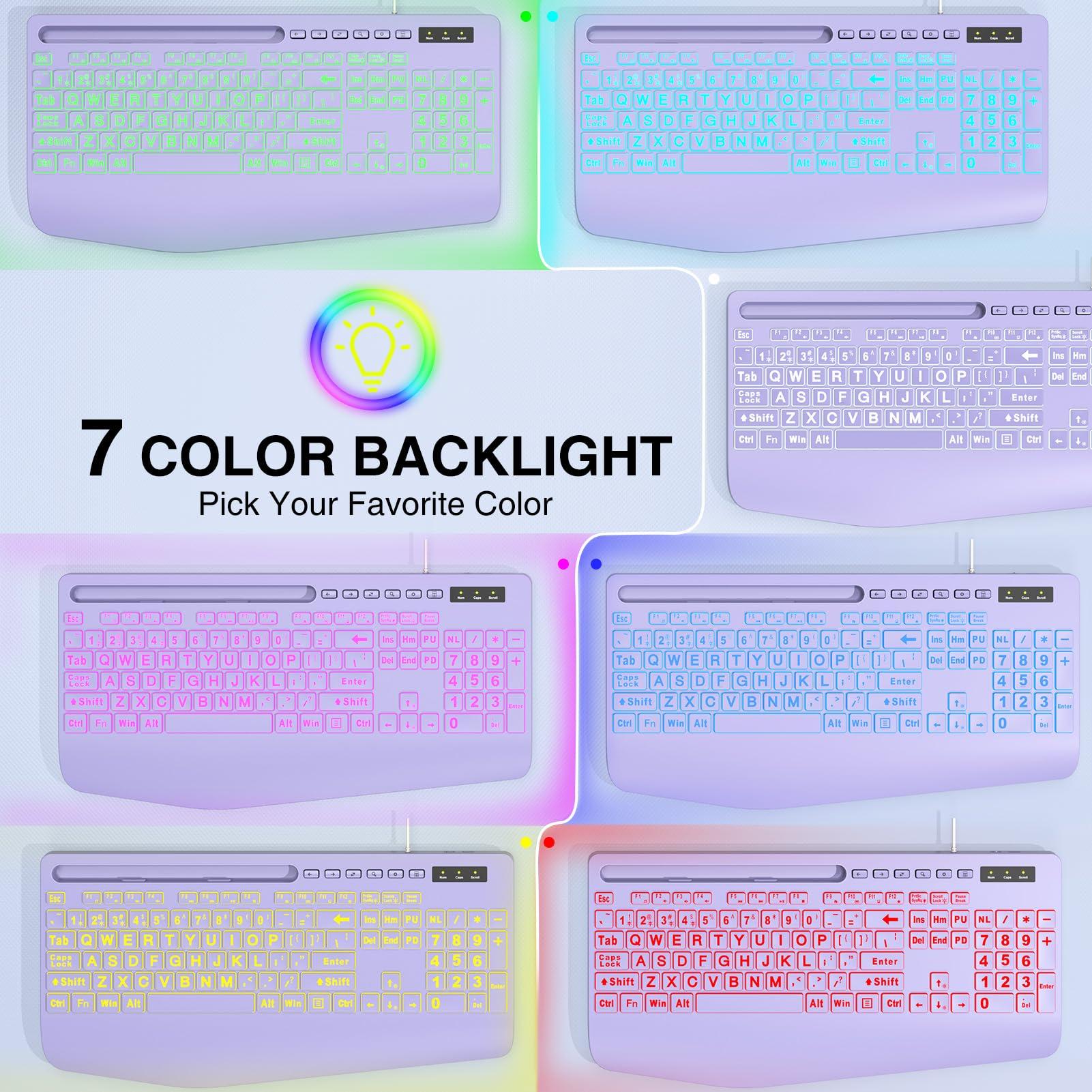 SABLUTE Large Print Backlit Computer Keyboards, Wired Lighted USB Keyboards with 7-Color Backlit, Wrist Rest, Phone Holder, Easy to Read and Type for Laptop, PC, Windows, Desktop (Purple) - Image 6