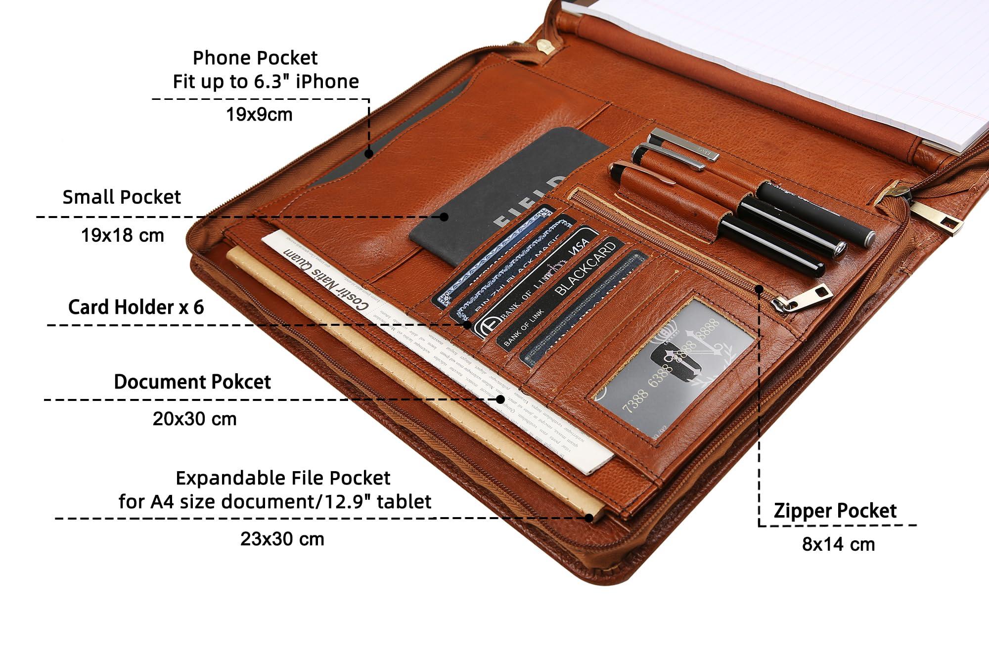 Handmade Genuine Leather Portfolio Organizer for IPad/Document, Business Padfolio with A4 Leather Notepad Holder, Leather Compact Folder Conference Portfolio for Men and Women, Oil-Brown - Image 5