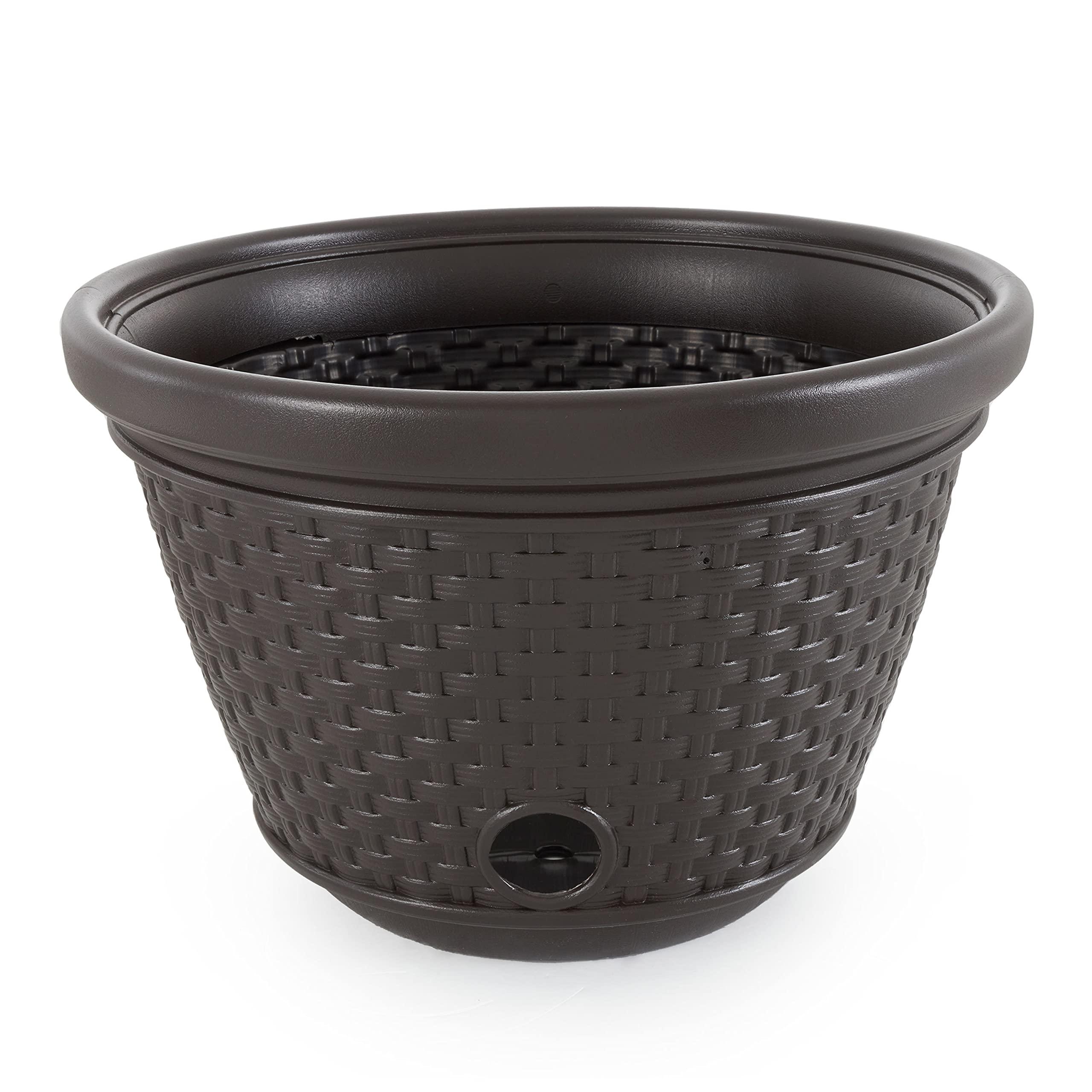 Suncast Decorative Wicker Garden Hose Holder Pot with 4 Drain Holes for 100 Foot Hoses, Java - Image 5