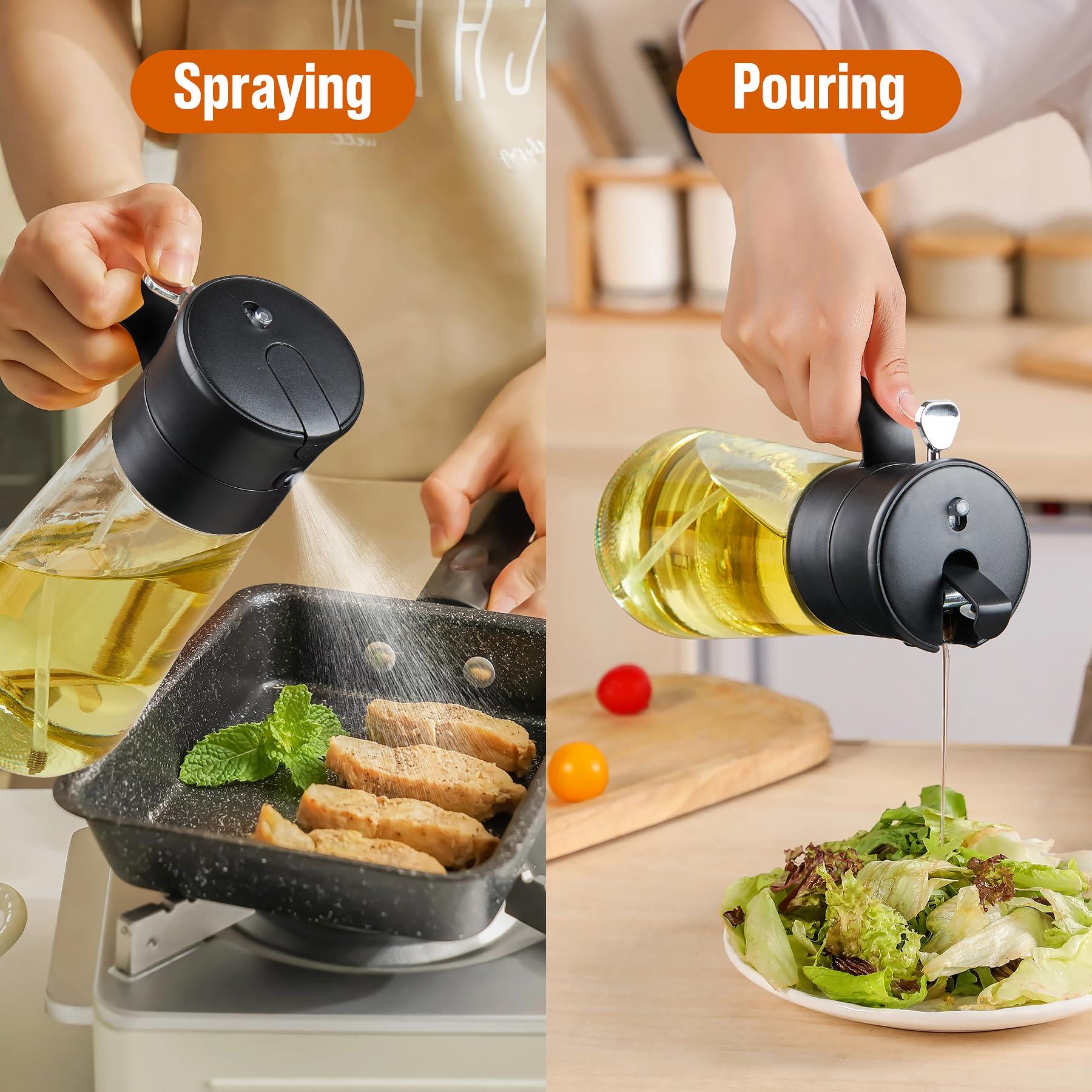 hoforife Glass Olive Oil Dispenser Bottle & Oil Sprayer Bottle 2 In 1 for Kitchen Cooking, Auto Flip Cap, 18oz Black - Image 3
