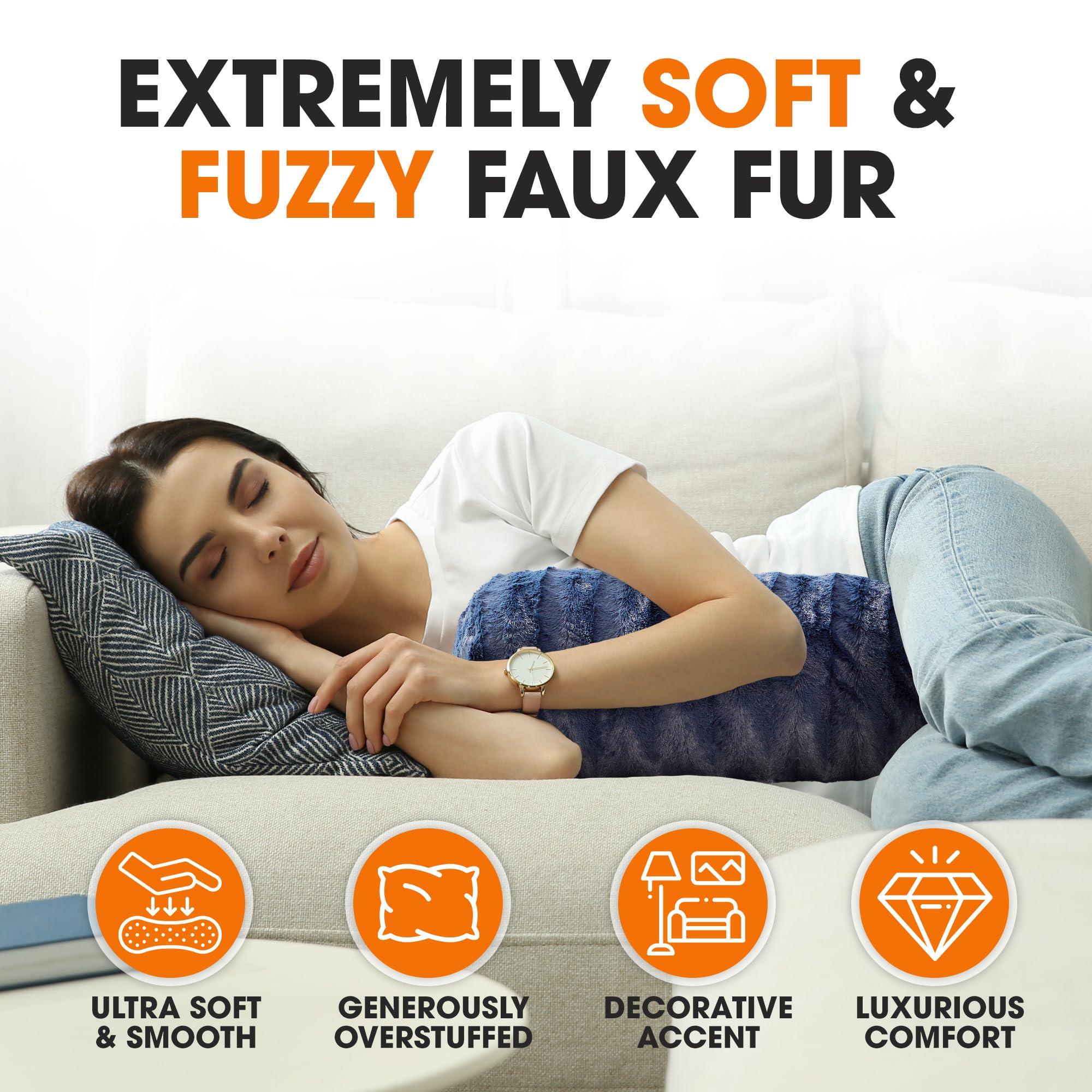 Cheer Collection Faux Fur Cylinder Pillows - Decorative Bolster Pillows for Bed, Accent Pillows for Couch, Machine Washable - 8” x 24” (2pk), Blue - Image 5