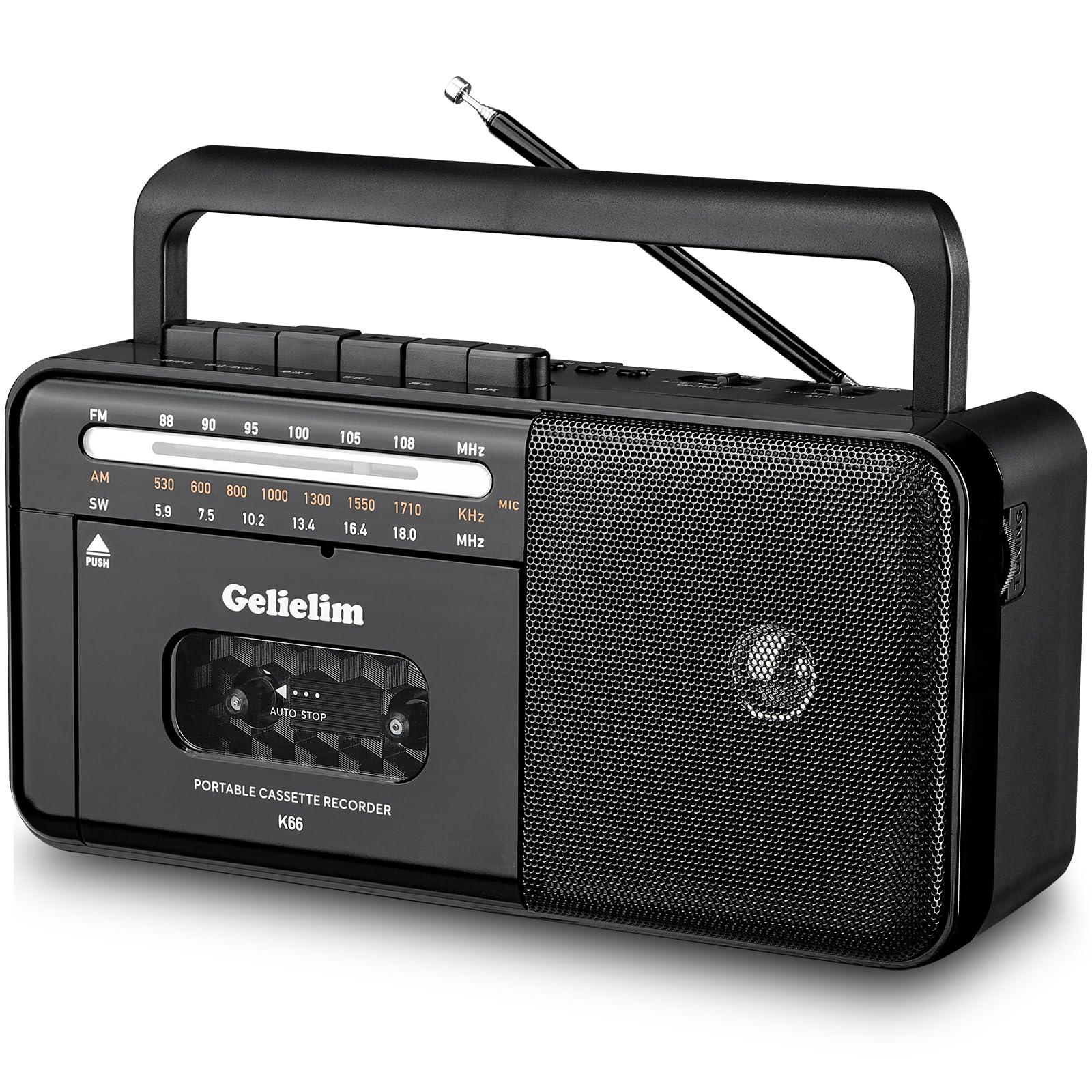 Gelielim Cassette Tape Player Bluetooth Boombox, Cassette Player AM/FM/SW Radio Stereo, Tape Player/Recorder with 8W Speaker and Earphone Jack, USB/TF Card Player, AC Powered or Battery Operated