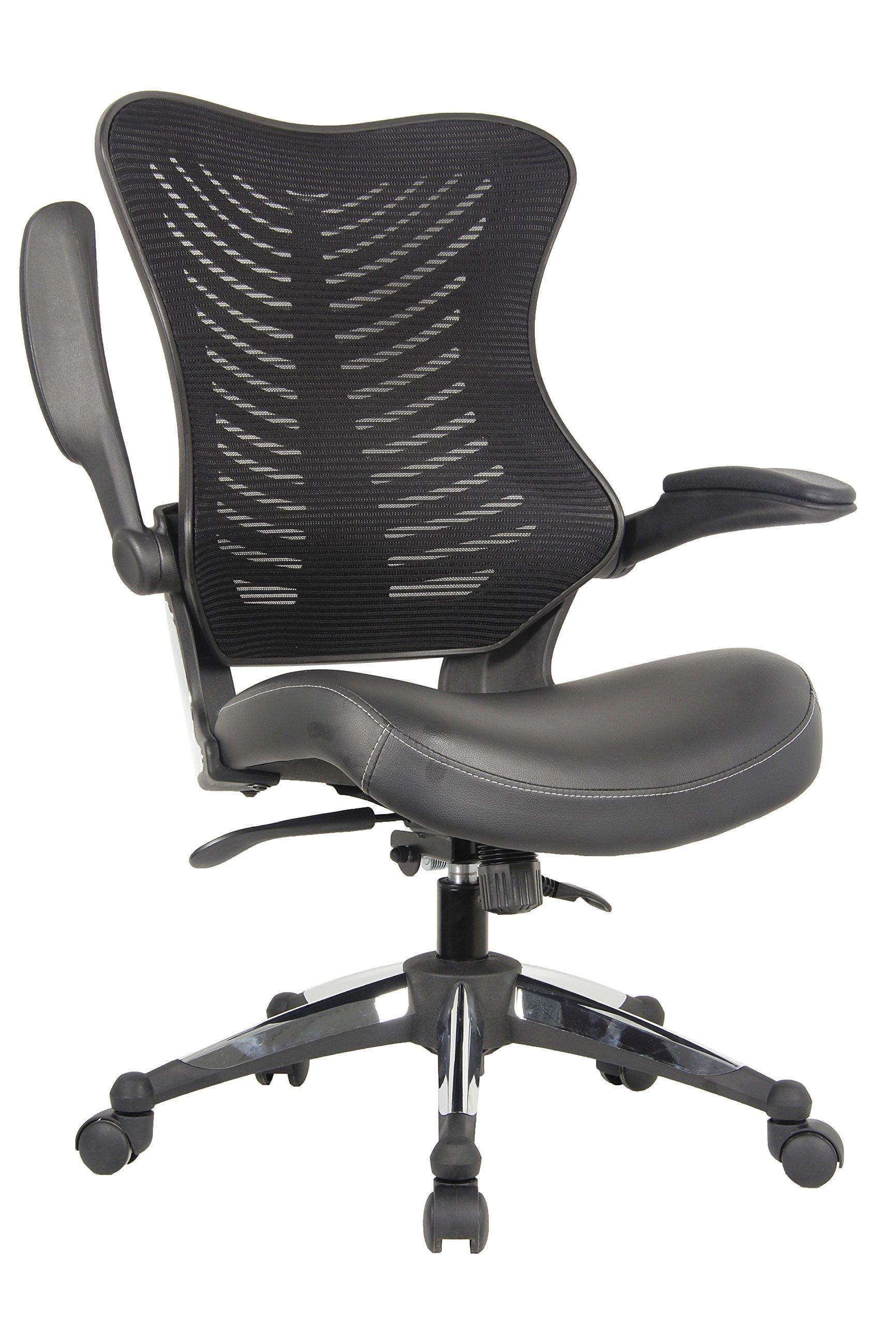 OfficeFactor Executive Ergonomic Computer Office Chair Back Mesh Bonded Leather Seat Flip-up Arms Lumbar Support Molded Foam Seat Adjustable Height Home Office Desk Chair (Black)