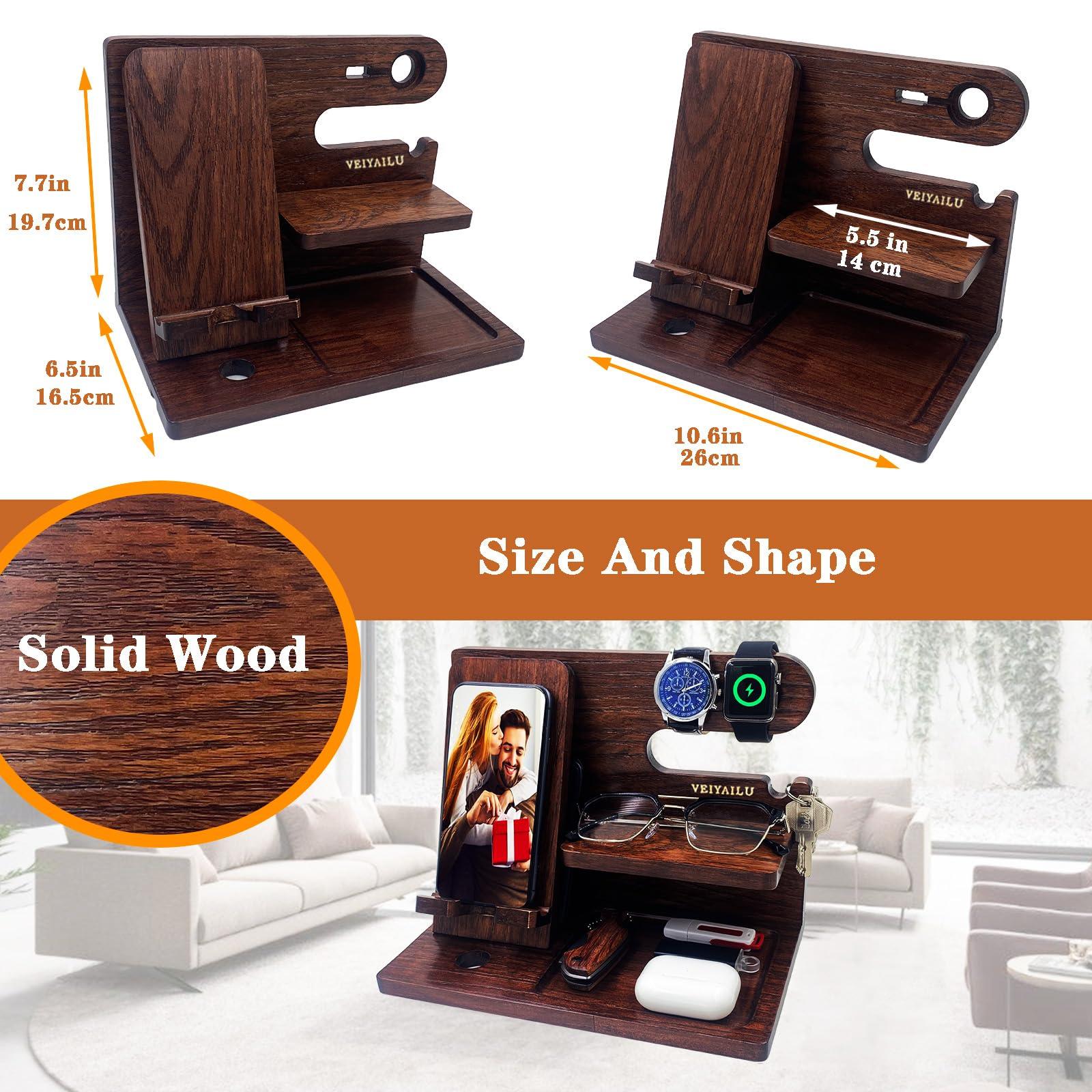 VEIYAILU Gifts for Men Women Brother Boss Boyfriend Him Nightstand Organizer Gifts for Dad from Daughter Son Wood Phone Docking Station (Dark Brown) - Image 3