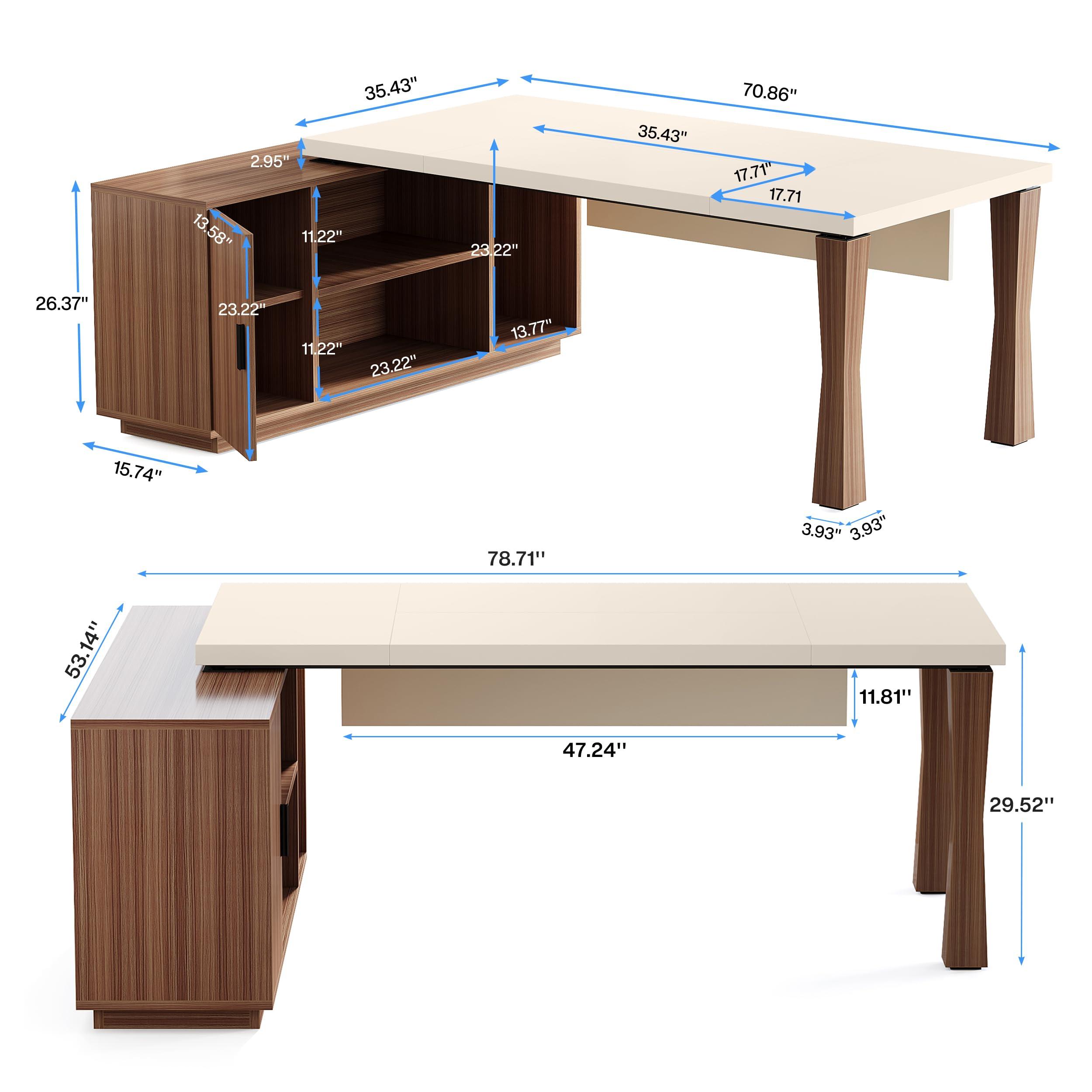 Tribesigns 78.7-Inch Executive Desk, L-Shaped Desk with Cabinet, Large Office Desk with Storage Shelves, Writing Table Business Furniture Set for Home Office, Cream White Walnut - Image 2