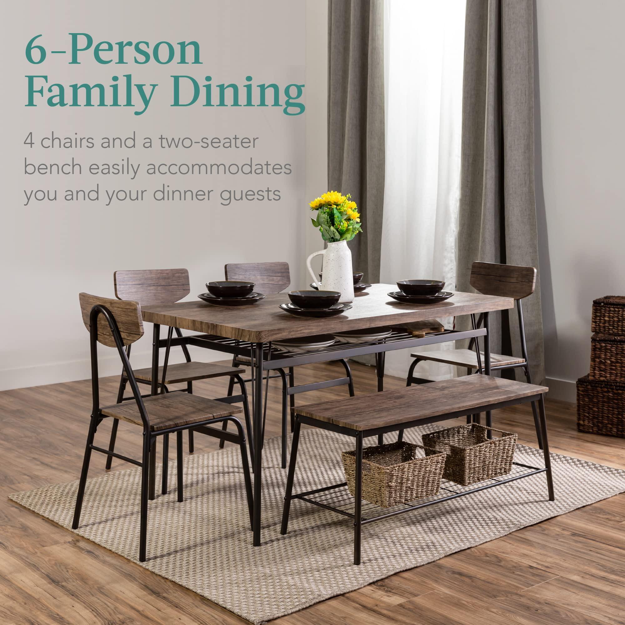 Best Choice Products 6-Piece 55in Modern Dining Set for Home, Kitchen, Dining Room w/Storage Racks, Rectangular Table, Bench, 4 Chairs, Steel Frame - Brown - Image 3