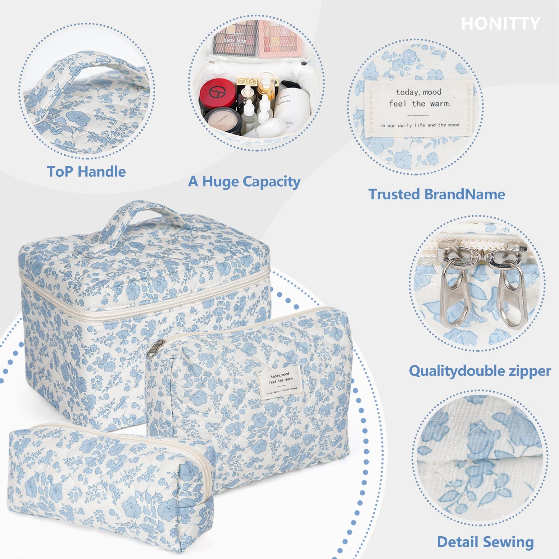 Makeup Bag,Quilted Cosmetic Bag,Large Floral Make Up Bag for Women,Cotton Makeup Bag Set,Flower Travel Toiletry Bag - Image 3