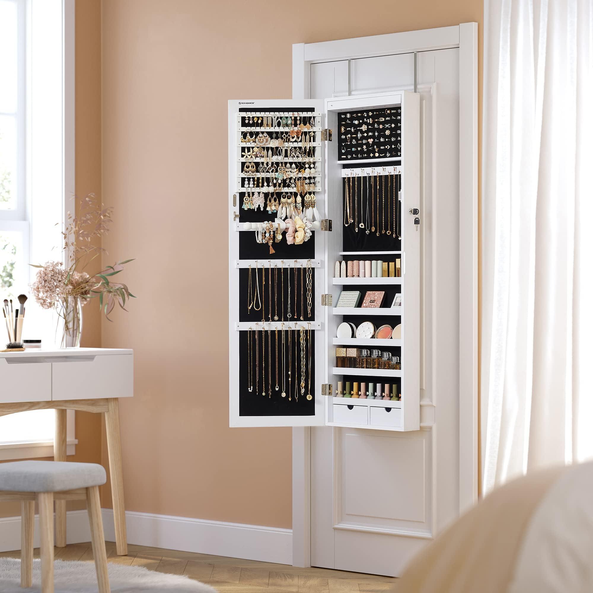 SONGMICS 6 LEDs Mirror Jewelry Cabinet, 47.2-Inch Tall Lockable Wall or Door Mounted Jewelry Armoire Organizer with Mirror, 2 Drawers, 3.9 x 14.6 x 47.2 Inches, White UJJC93W - Image 8