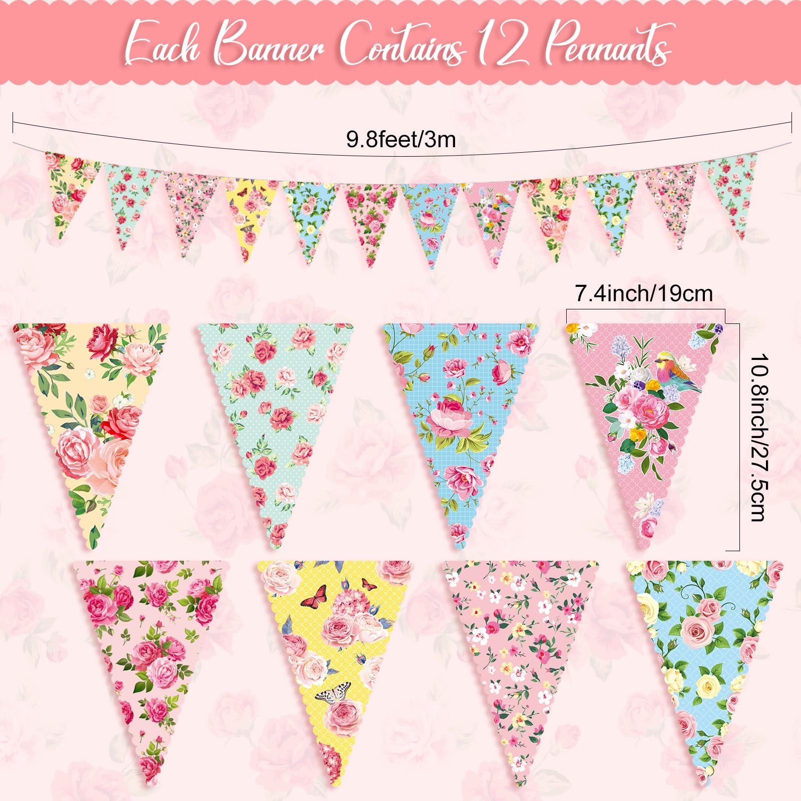 Faccito 49 ft 60 Pcs Tea Floral Party Paper Bunting Decor Outdoor Bunting Banner Floral Pennant Banner Tea Party Birthday Supplies for Wonderland Garden Baby Shower Bridal Wedding Bedroom - Image 3