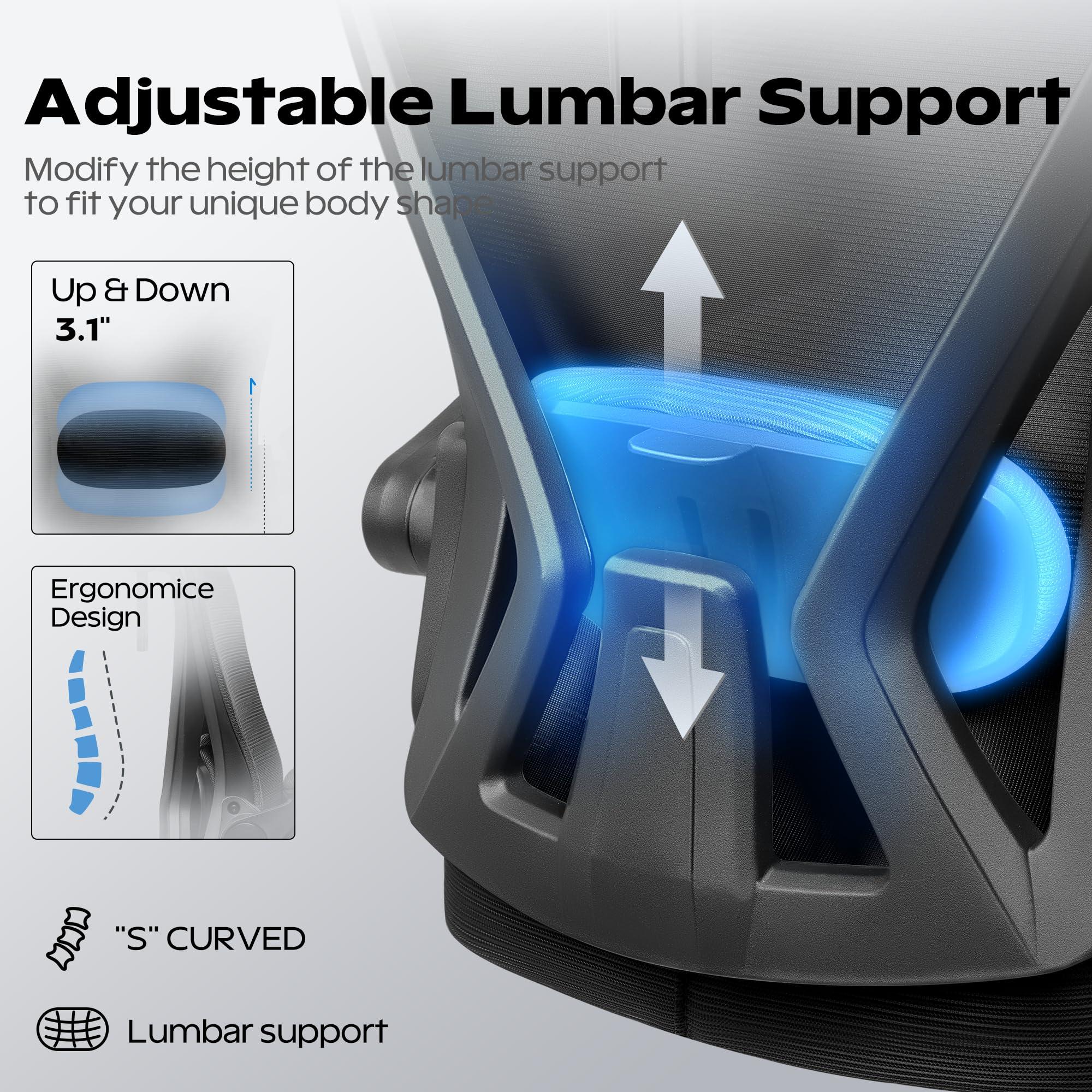 Ergonomic Office Chair, Home Office Desk Chair with Headrest, High Back Mesh Chair with Flip-up Armrests, Comfy Desk Chair with Lumbar Support, Rolling Swivel Task Computer Chair for Home Office - Image 5