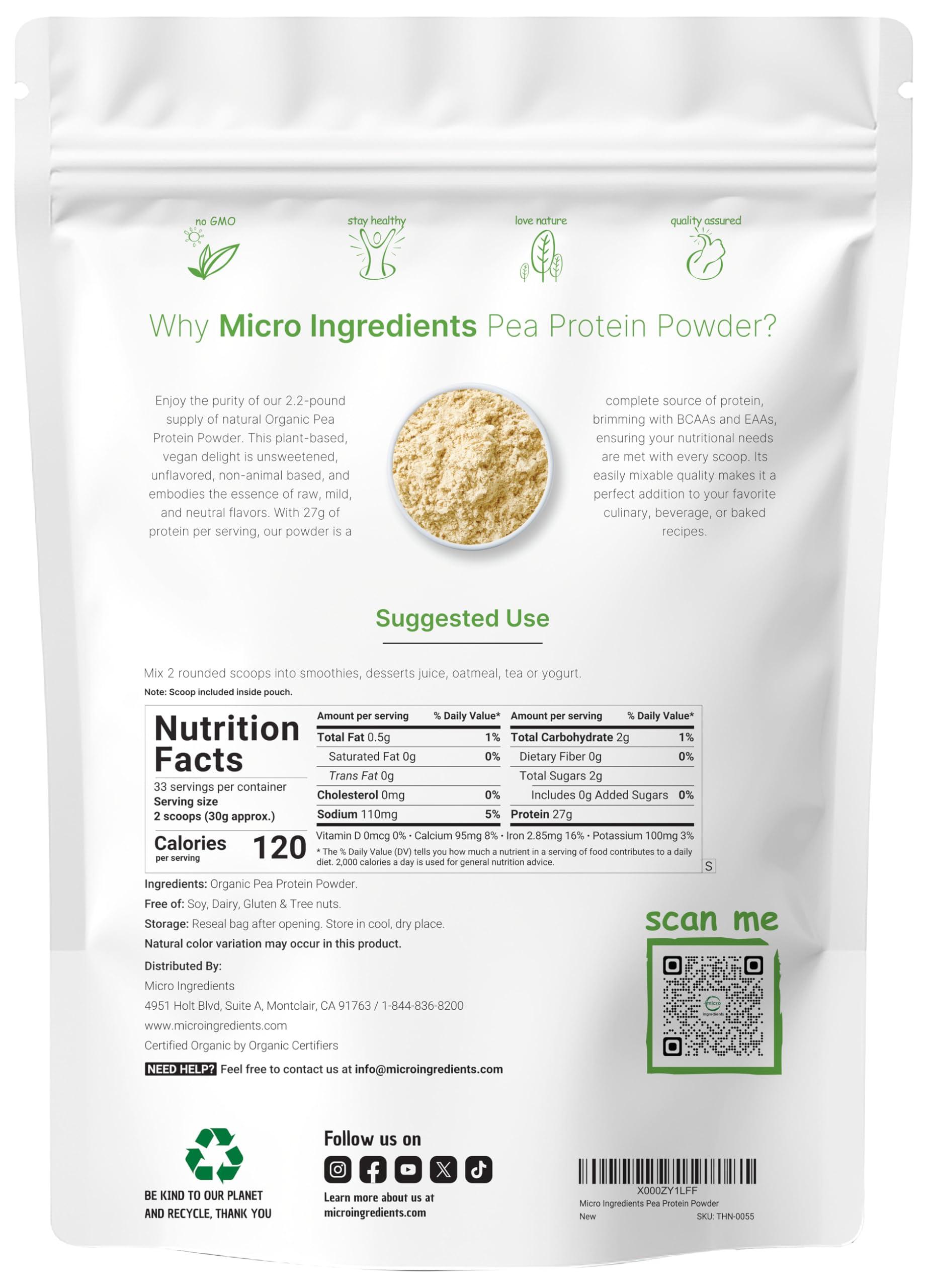 Micro Ingredients North America Grown, Organic Pea Protein Powder, 1KG (2.2 Pounds) | Plant-Based Vegan Protein, Meatless Protein Supplement, Rich in Branched Chain Amino Acids | Non-GMO, Soy Free - Image 2