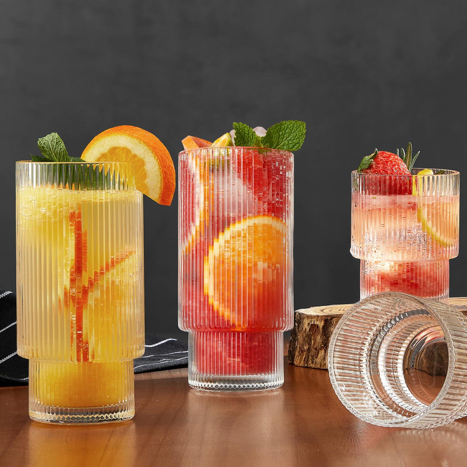 Qipecedm 6 Pack Ribbed Drinking Glasses, 16 oz Vintage Glass Cups, Highball Glasses, Premium Iced Coffee Glasses, Clear Glass Tumbler, Cocktail Glasses, Elegant Glassware for Water Juice Whiskey Beer - Image 2