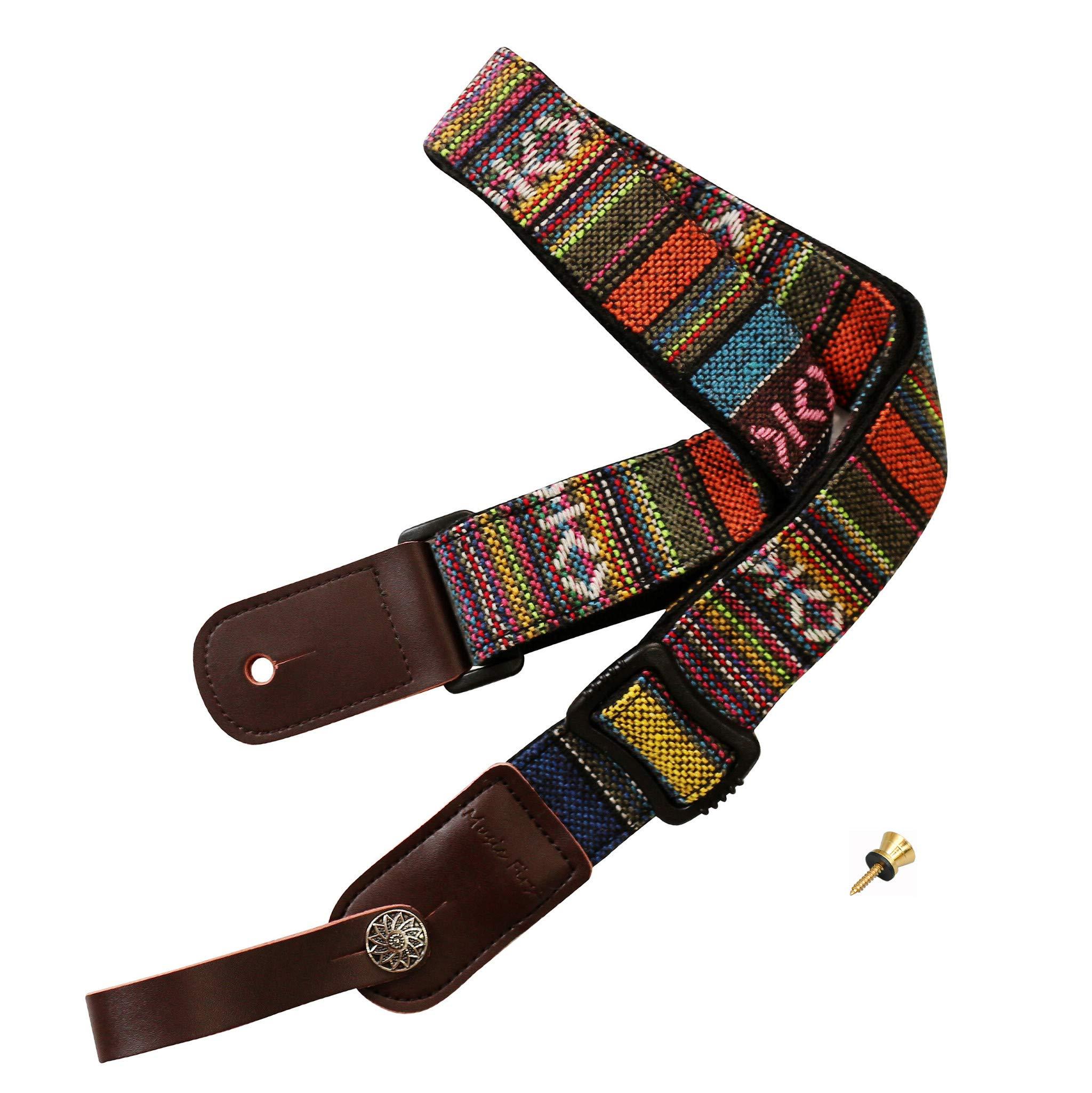 MUSIC FIRST Classic Country Style Soft Yarn-dyed Fabric & Genuine Leather Ukulele Strap Version 2.0 With Genuine Leather Strap Locker - Image 3