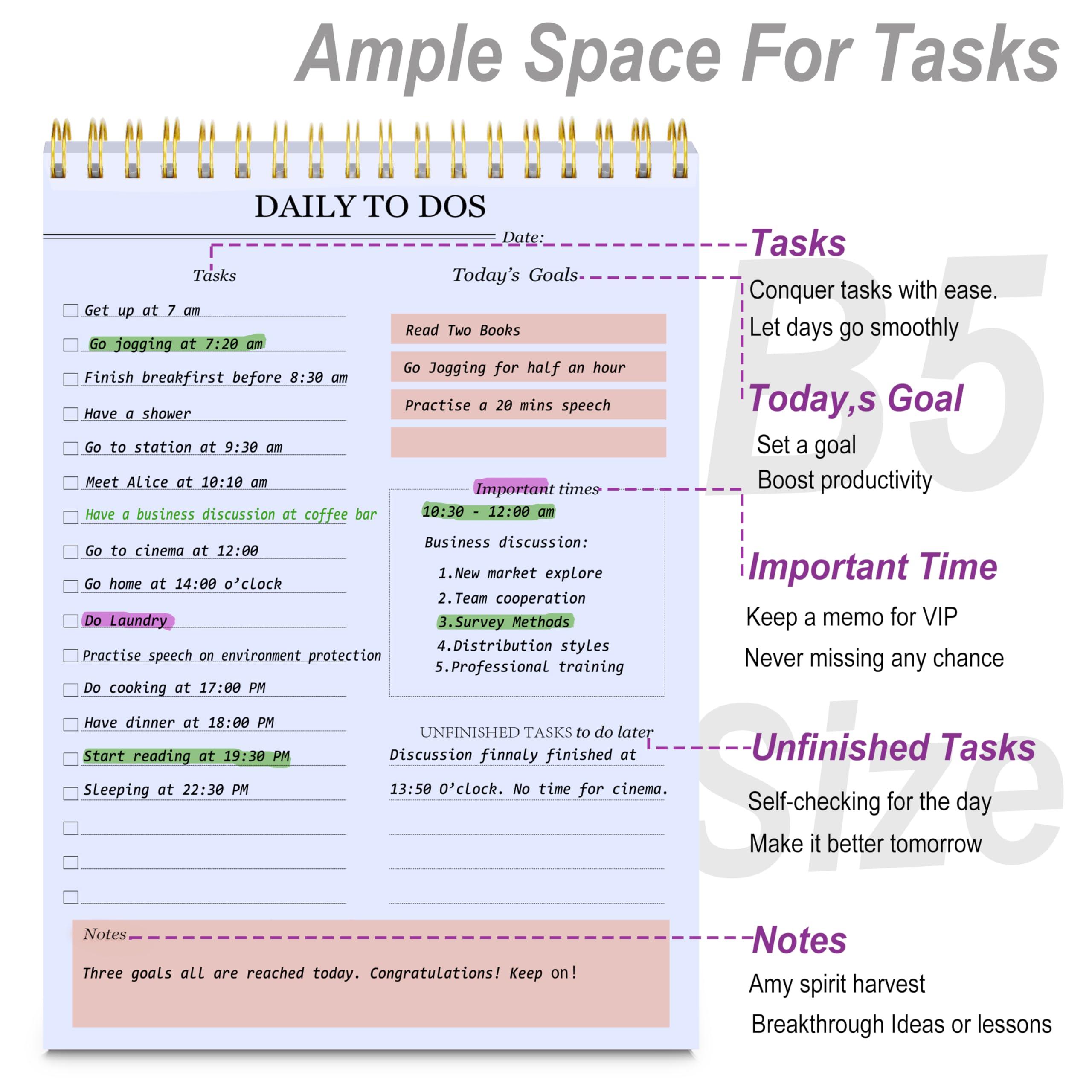 KAICN Daily to Do Notepads - Task Checklist planner, Time Management planner, To Do lists, Organizer with Today's Goals, Notes, 52 Undated Agenda Tear-off Sheets, 6.5 x 9.8 inches (Pink) - Image 4