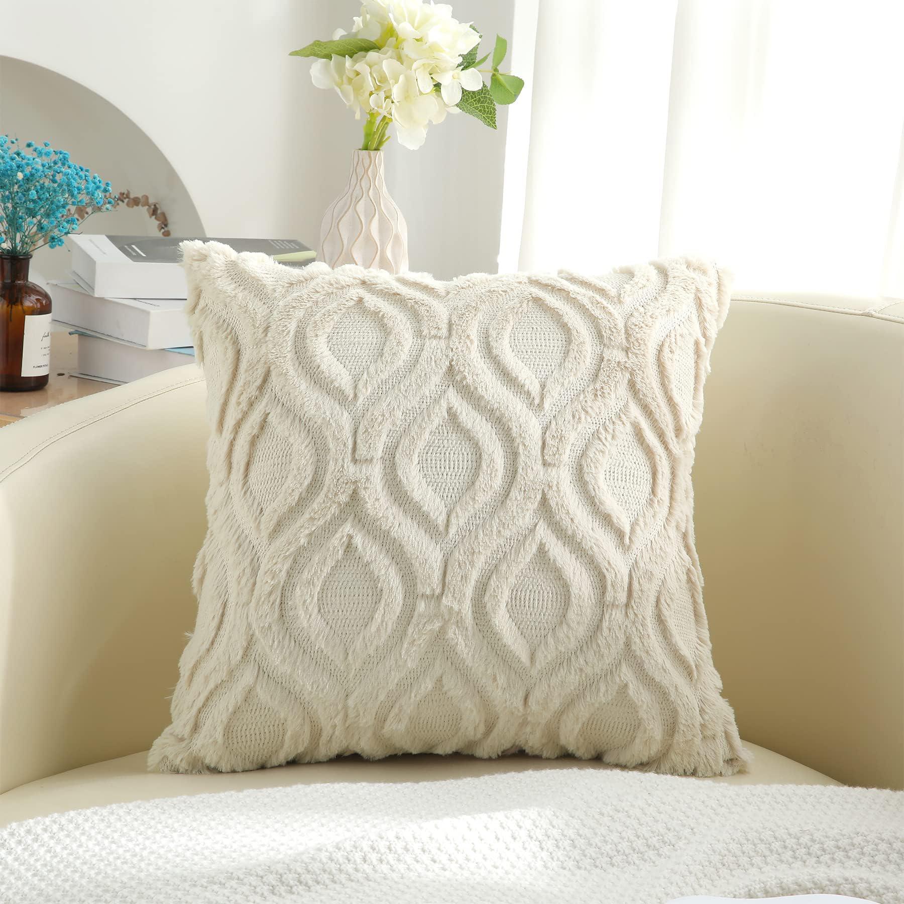 decorUhome Fall Throw Pillow Covers 18x18 Inch Set of 2, Soft Plush Faux Wool Beige Solid Couch Pillow Covers, Accent Farmhouse Neutral Square Pillow Cases for Sofa Bed Living Room Home Decor - Image 7
