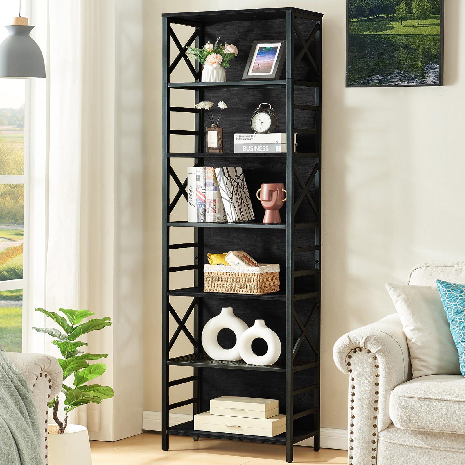 HOMBAZAAR 7 Tier Bookshelf, 78 Inch Tall Rustic Bookshelf with Metal Frame, Industrial Heavy Duty Bookshelves and Bookcases, Open Book Shelf for Office, Living Room and Library, Black