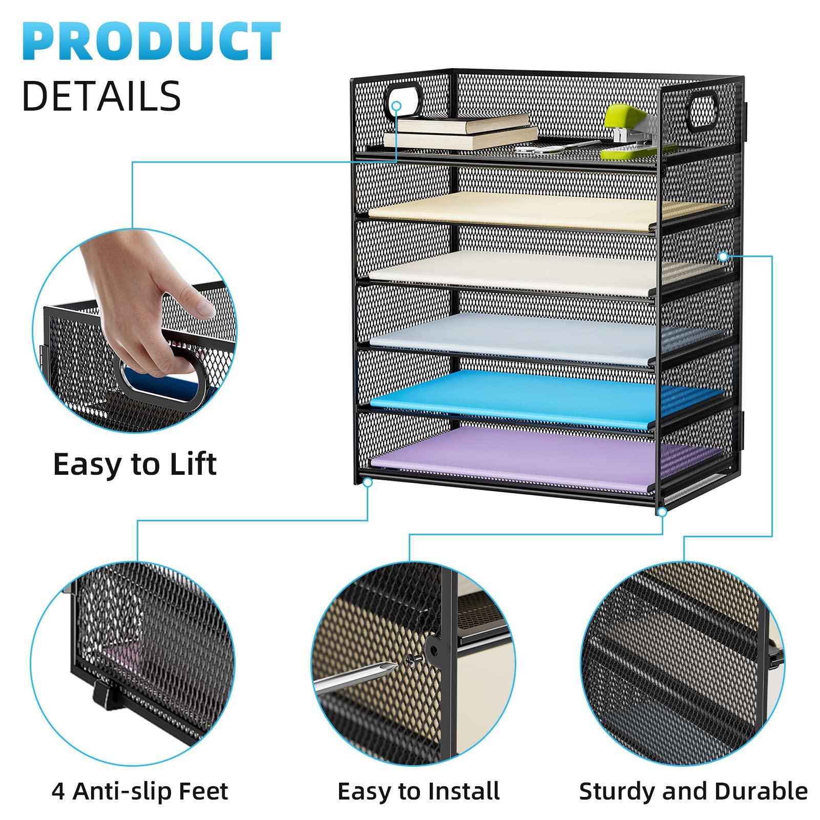 Marbrasse 6 Tier Paper Organizer Letter Tray - Mesh Desk File Organizer with Handle, Paper Sorter Organizer for Letter/A4 Office File Folder Holder - Black - Image 5