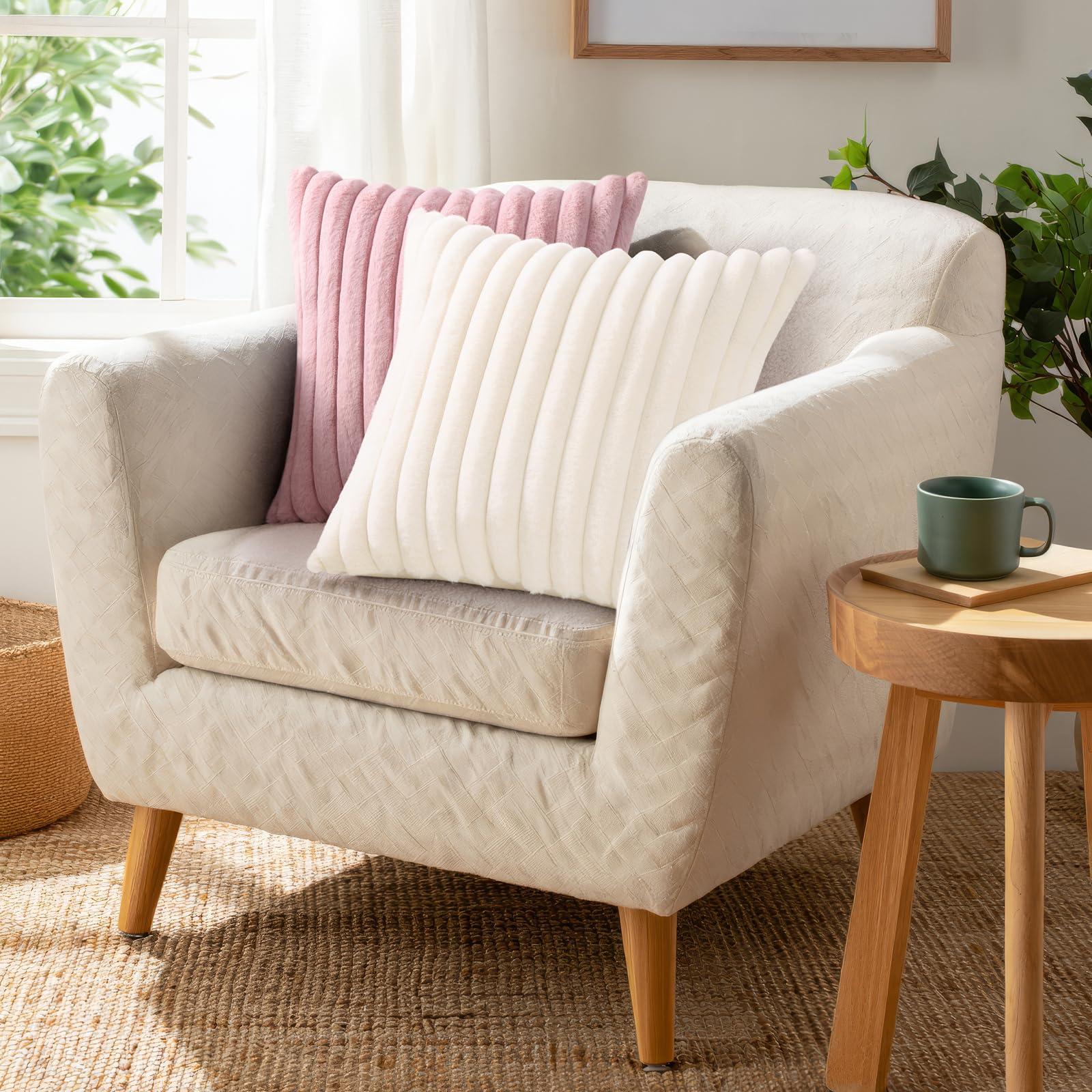 Pallene Faux Fur Plush Throw Pillow Covers 18x18 Set of 2, Luxury Soft Fluffy Striped Decorative Pillow Covers for Sofa, Couch, Living Room, Cream White - Image 4