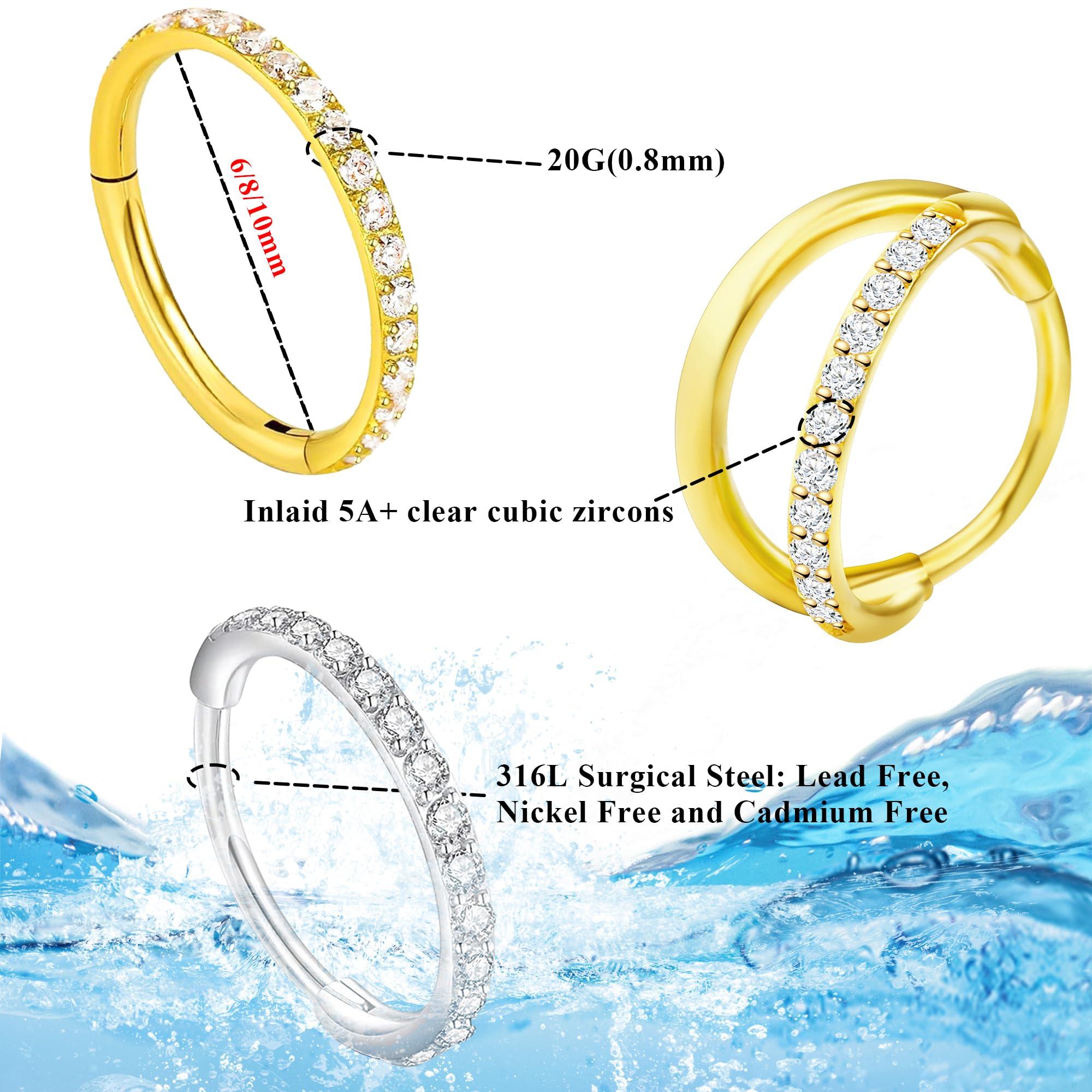 SmileBelle 14K Gold Hinged Nose Rings Hoop for Women 20G, 316L Surgical Steel Clicker Septum Ring, Hoop Huggie Earring for Upper Lobe Cartilage Helix Piercing Jewelry (8mm, 6mm,10mm) - Image 3