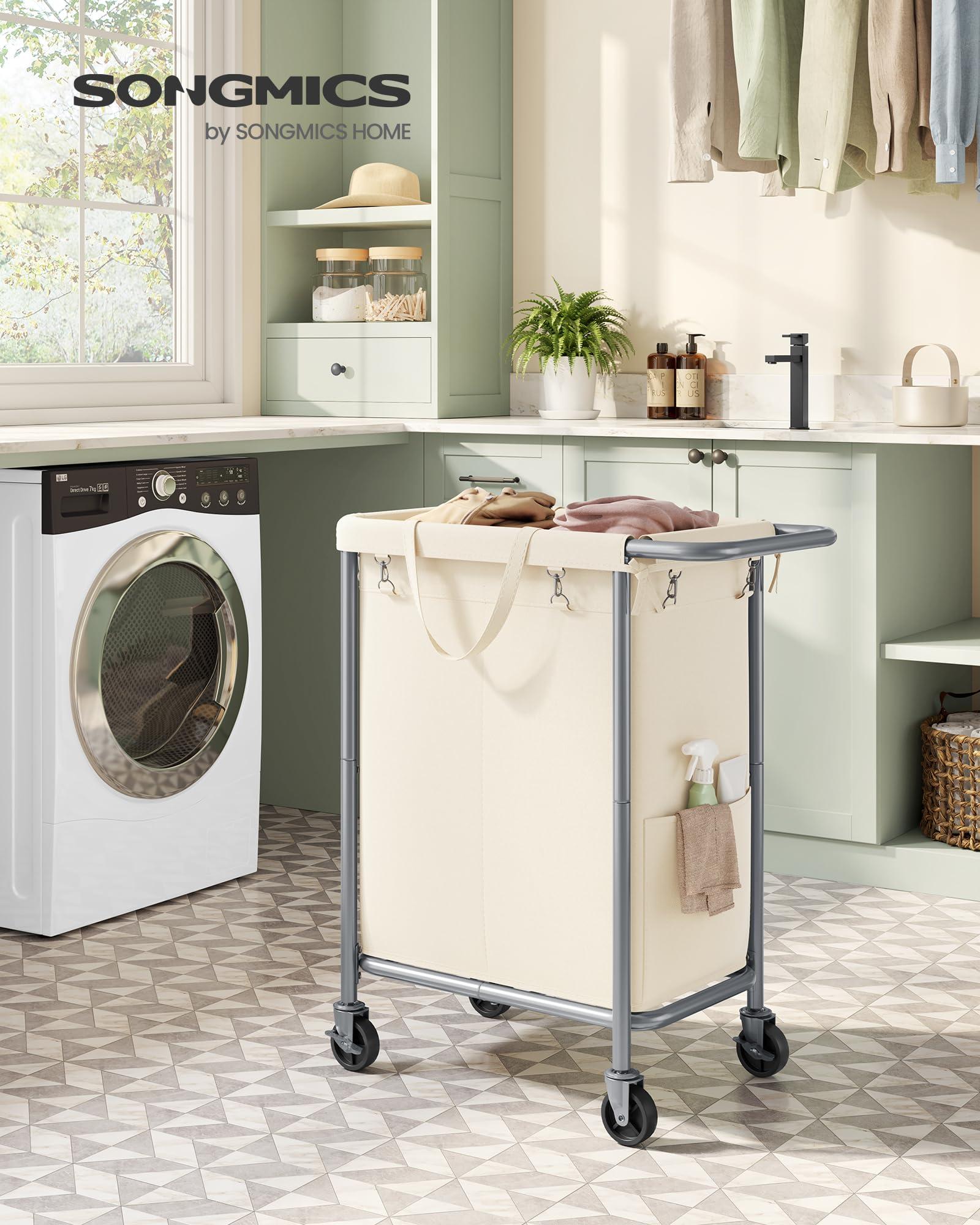 SONGMICS Laundry Basket with Wheels, 2-Section Rolling Laundry Hamper, 37 Gallons (140L), Removable Liner, Steel Frame with Handle, Blanket Storage, 27.2 x 15.4 x 31.9 Inches, Cream White URLS004W01 - Image 2