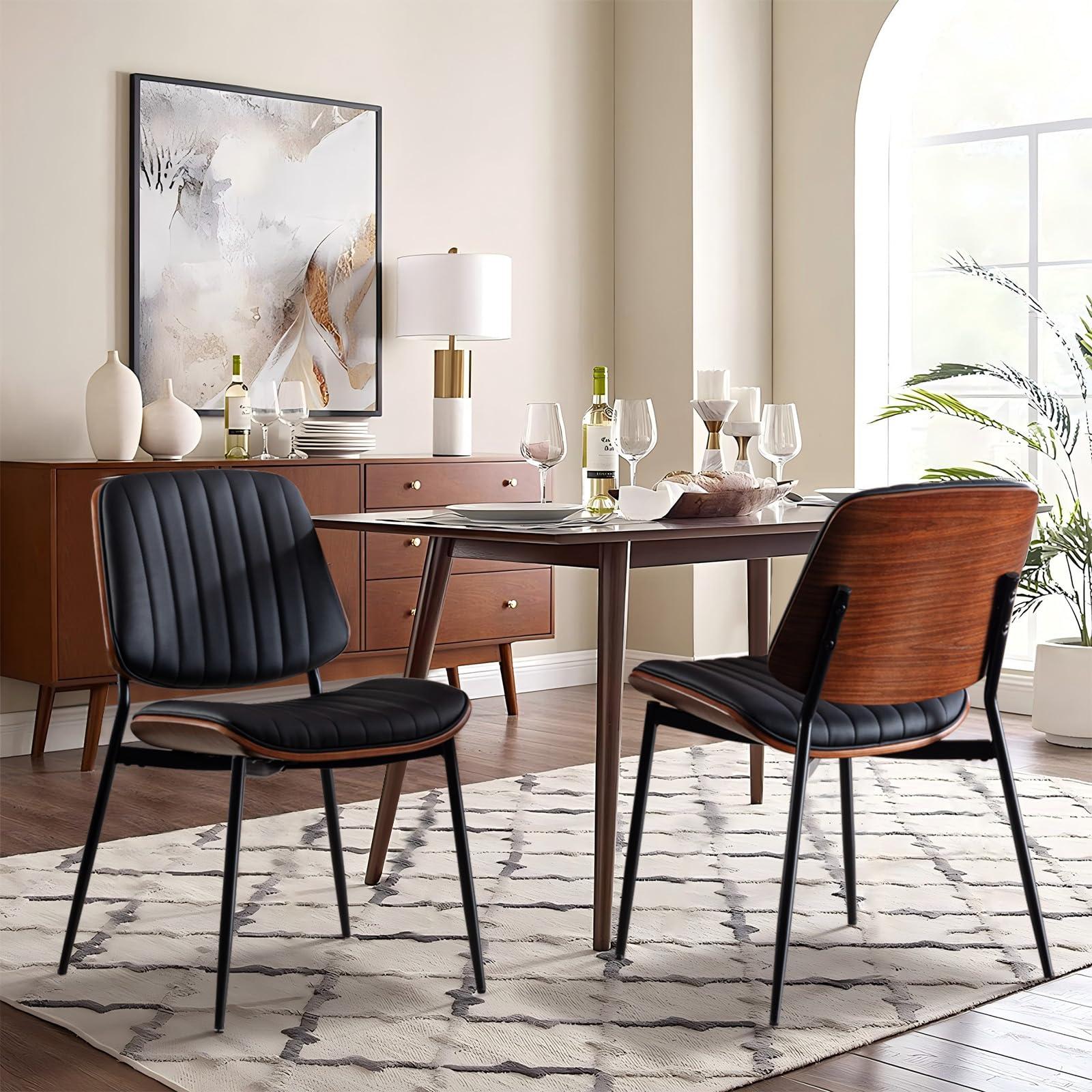 SOARMOTE Dining Chairs Set of 6, Upholstered Mid-Century Modern Dining Room and Kitchen Chairs with Walnut Backrest,Retro Accent PU Leather Side Chairs with Metal Legs,Black - Image 3