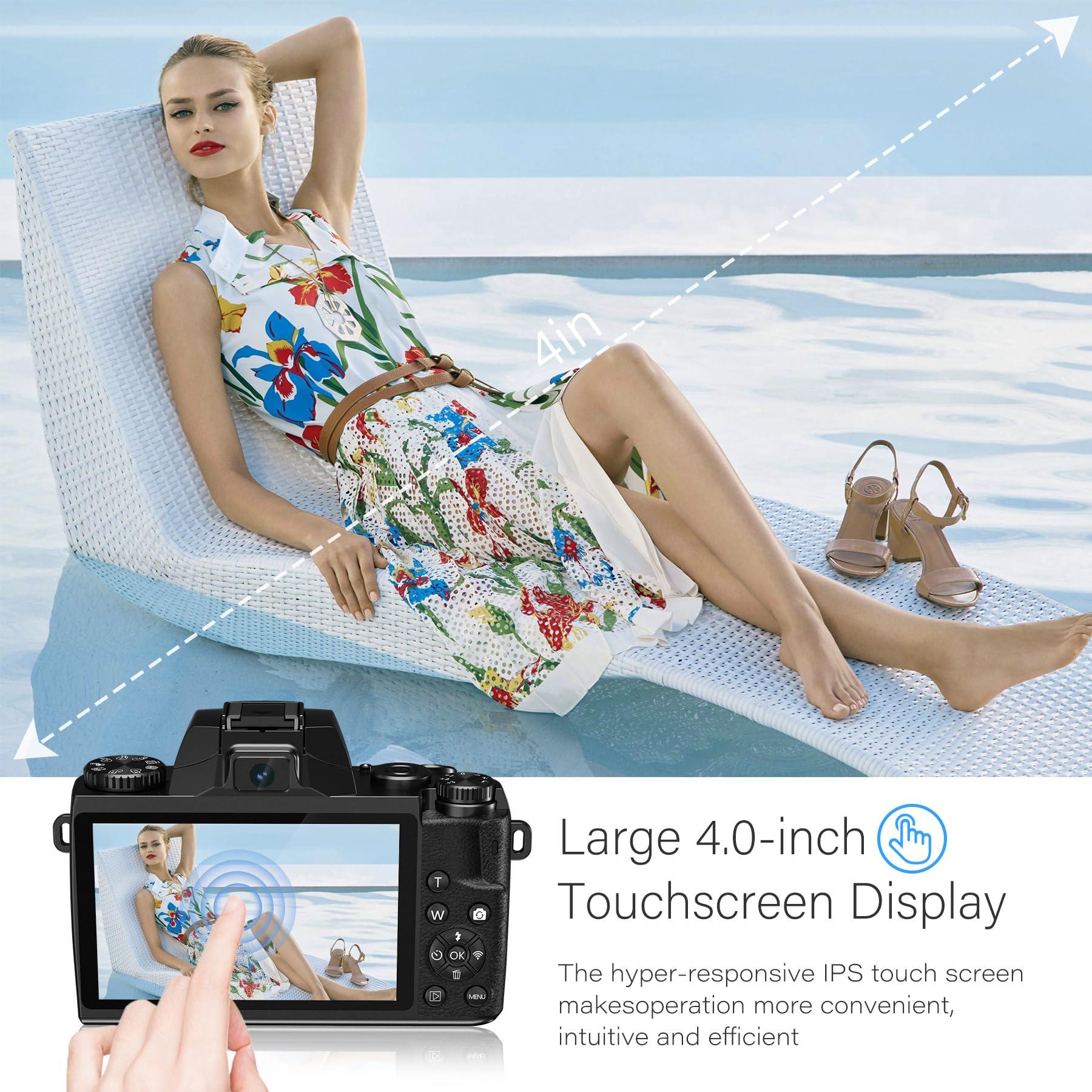 Saneen Digital Camera for Photography, 4K 64MP WiFi Touch Screen Vlogging Camera with Flash, 32GB Micro Card, Lens Hood, 3000mAH Battery, Front and Rear Cameras, 4″Big Screen, Hot Shoe Interface-Black - Image 3