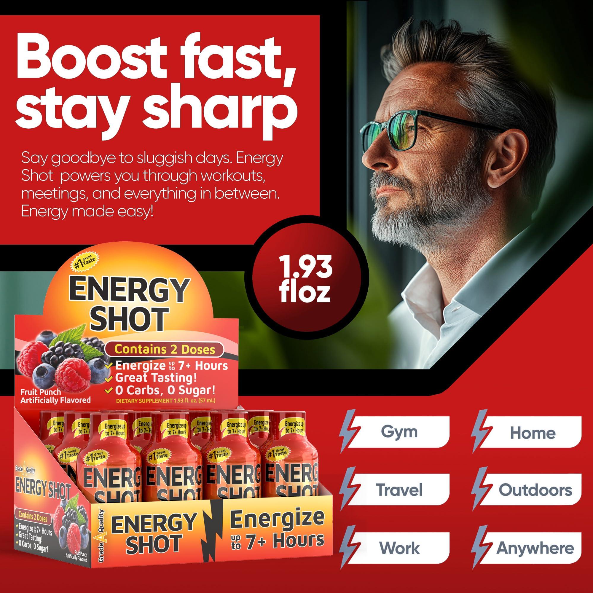 Extra Strength Energy Shot – Fruit Punch – 260mg Caffeine with B12, B6, Niacin & Electrolytes – 2 Servings – All-Day Energy & Focus Support – Sugar-Free, Zero Calories – Vegan – 1.97 fl oz (56 ml) (1.97 fl oz (56 ml) (Pack of 12), Fruit Punch) - Image 3
