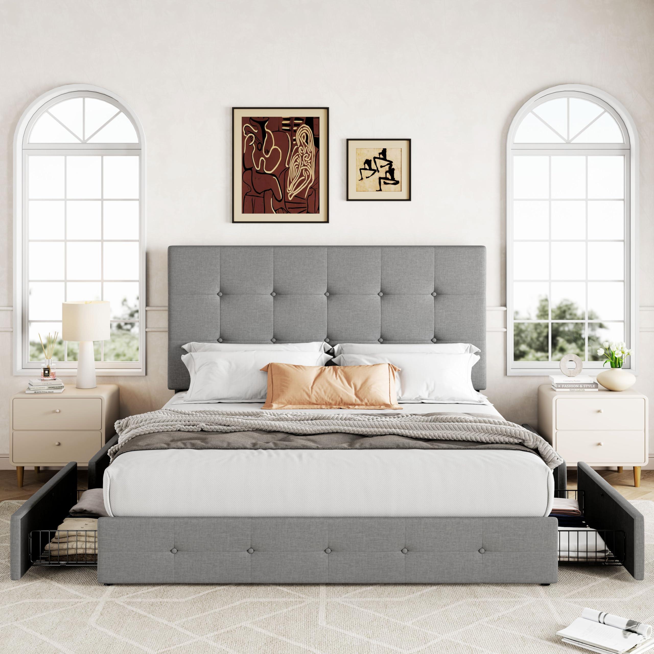 Allewie Upholstered Queen Size Platform Bed Frame with 4 Storage Drawers and Headboard, Square Stitched Button Tufted, Mattress Foundation with Wooden Slats Support, No Box Spring Needed, Light Grey - Image 3