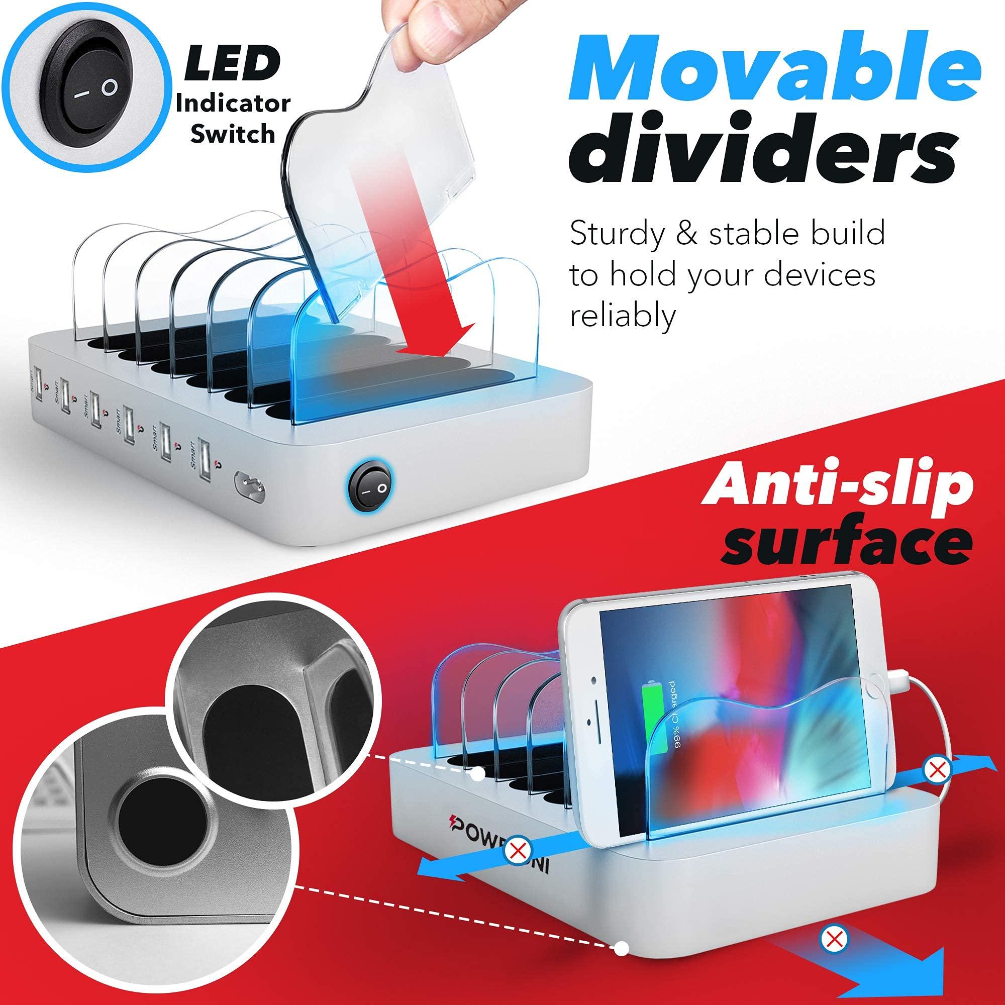 Poweroni USB Charging Station Dock - 6-Port - Fast Charge Docking Station for Multiple Devices - Multi Device Charger Organizer - Compatible with Apple iPad iPhone and Android Cell Phone and Tablet - Image 3